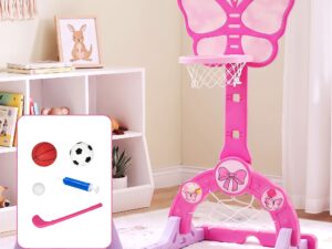 Keezi 3-in-1 Kids Basketball Hoop Soccer Goal Golf Game Set with Balls Pink
