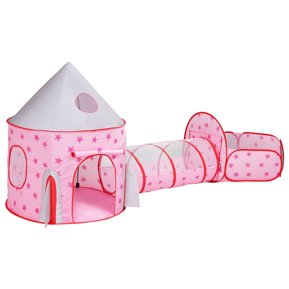 Keezi Kids Playhouse Play Tent Pop Up Castle Crawl Tunnel Basketball Hoop Pink