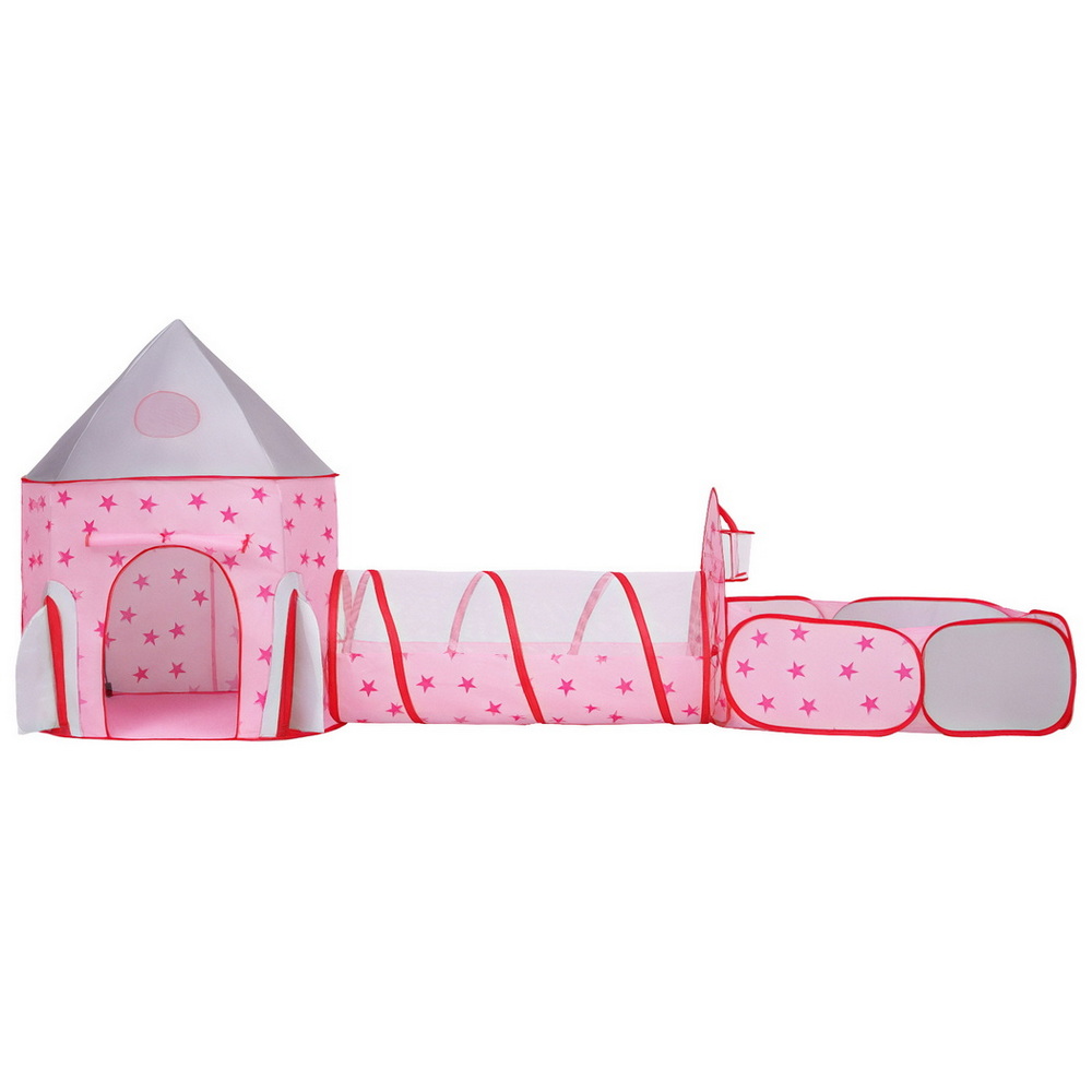Keezi Kids Playhouse Play Tent Pop Up Castle Crawl Tunnel Basketball Hoop Pink