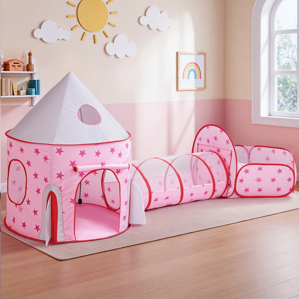 Keezi Kids Playhouse Play Tent Pop Up Castle Crawl Tunnel Basketball Hoop Pink