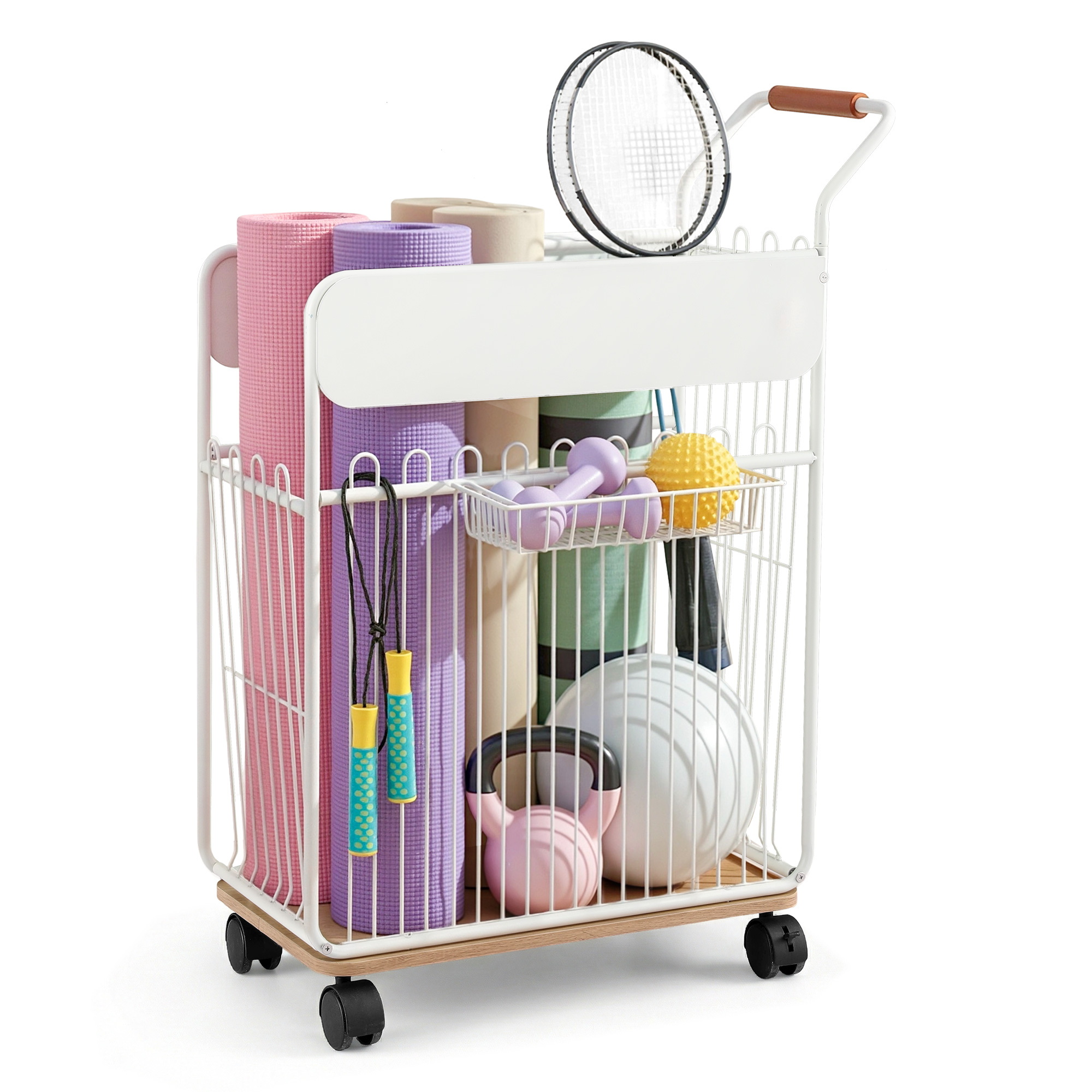 Everfit Yoga Mat Storage Rack Mobile Holder w/ Wheels Basket Home Gym Storage