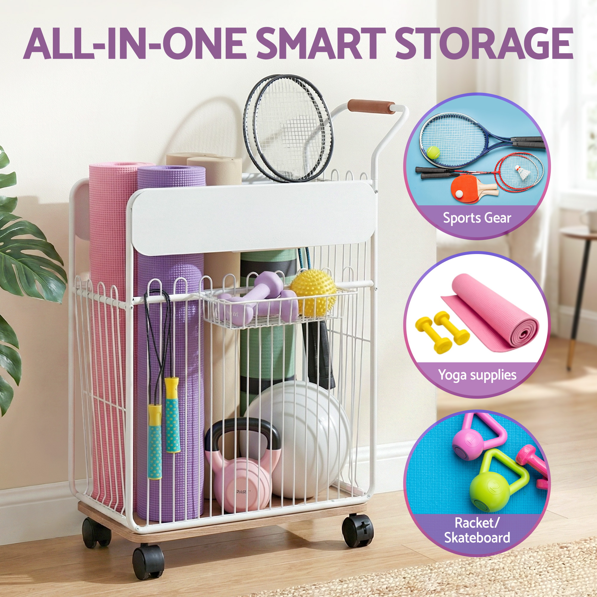 Everfit Yoga Mat Storage Rack Mobile Holder w/ Wheels Basket Home Gym Storage