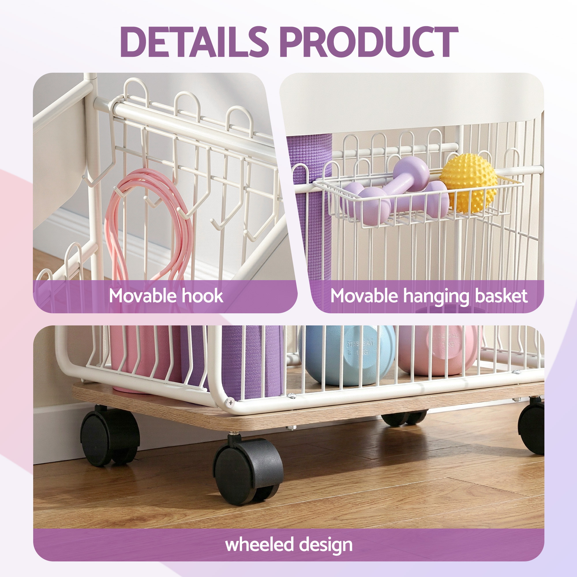 Everfit Yoga Mat Storage Rack Mobile Holder w/ Wheels Basket Home Gym Storage