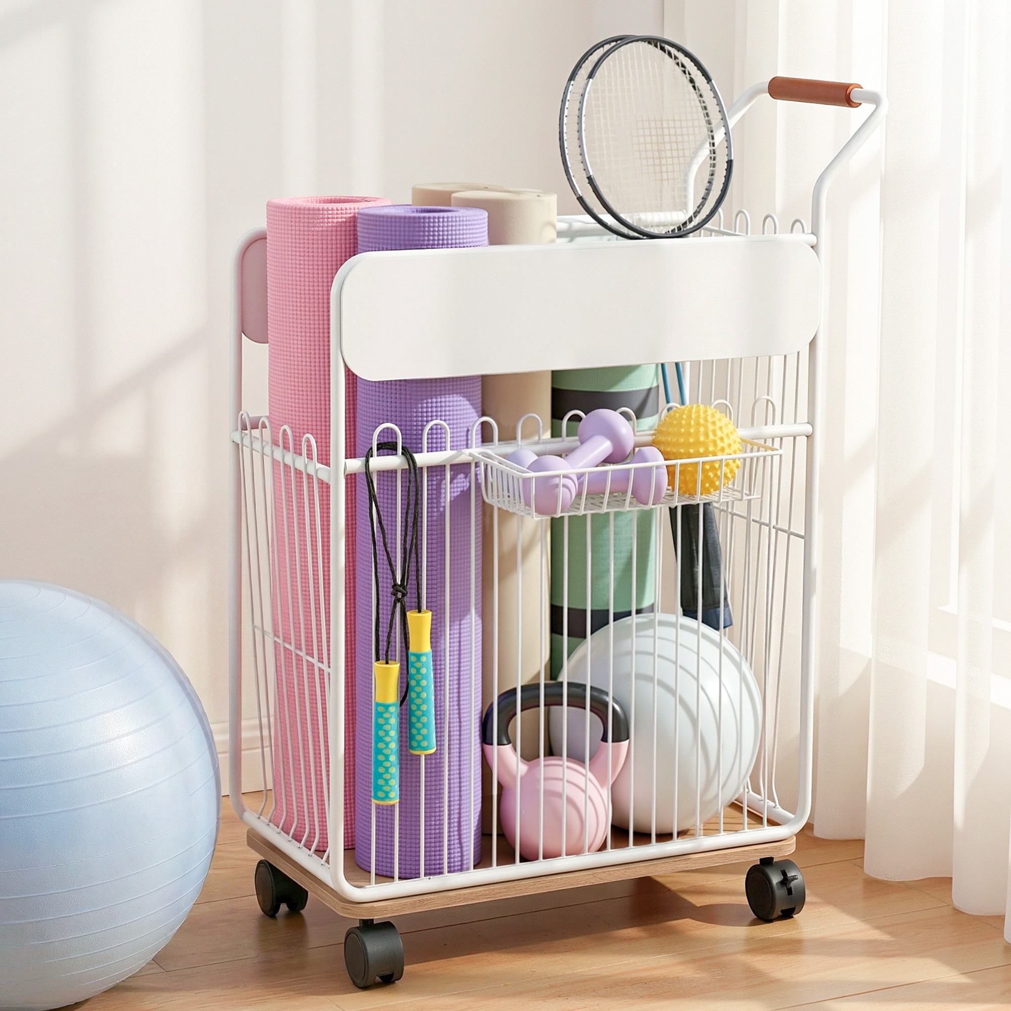 Everfit Yoga Mat Storage Rack Mobile Holder w/ Wheels Basket Home Gym Storage