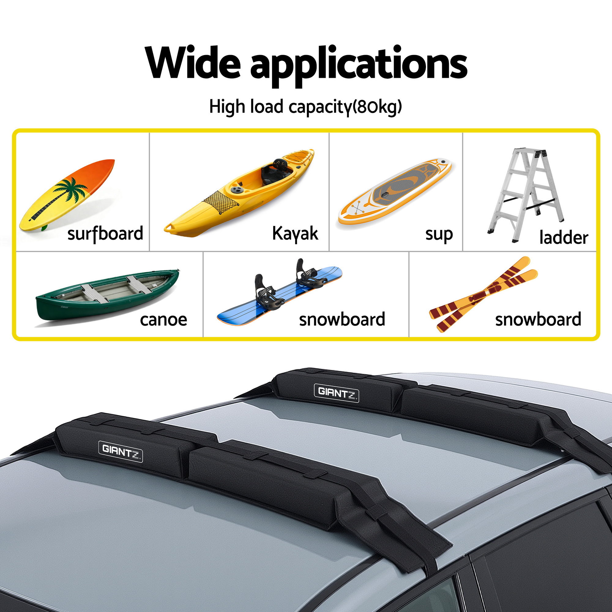 GIANTZ Kayak Roof Rack for Car, Universal Soft Roof Rack Pads for Surfboard SUP