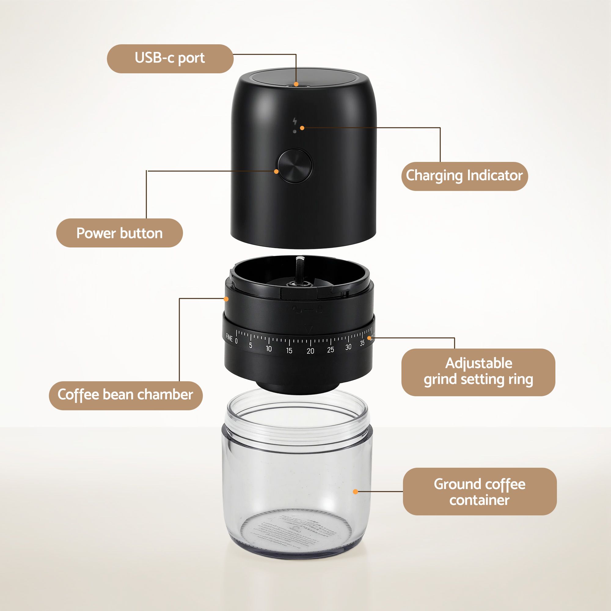 Devanti Electric Coffee Grinder USB-C Rechargeable Portable Coffee Bean Grinder