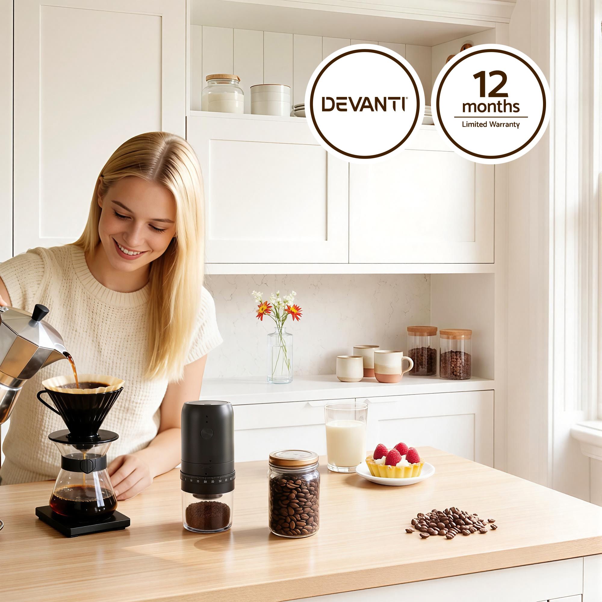 Devanti Electric Coffee Grinder USB-C Rechargeable Portable Coffee Bean Grinder