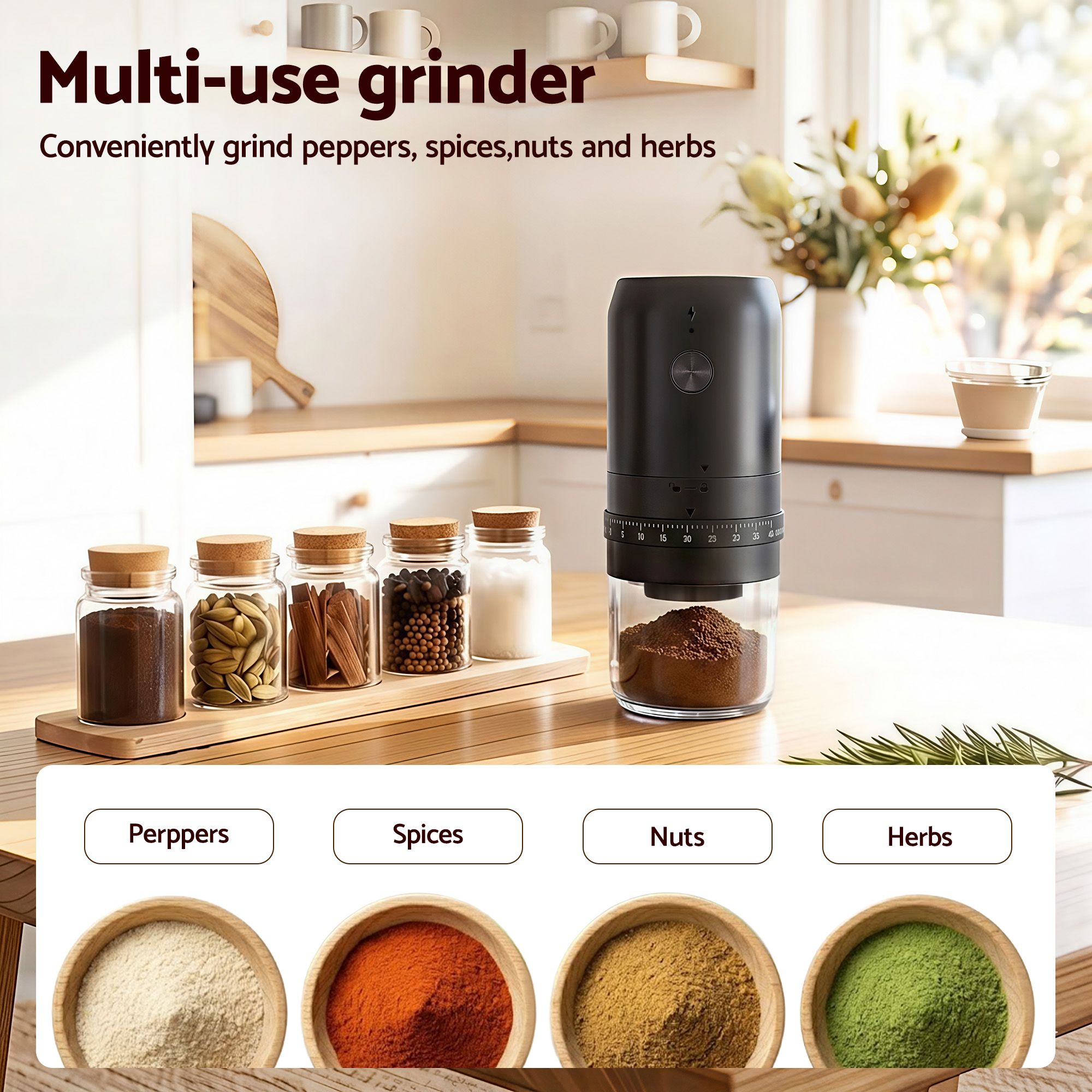 Devanti Electric Coffee Grinder USB-C Rechargeable Portable Coffee Bean Grinder