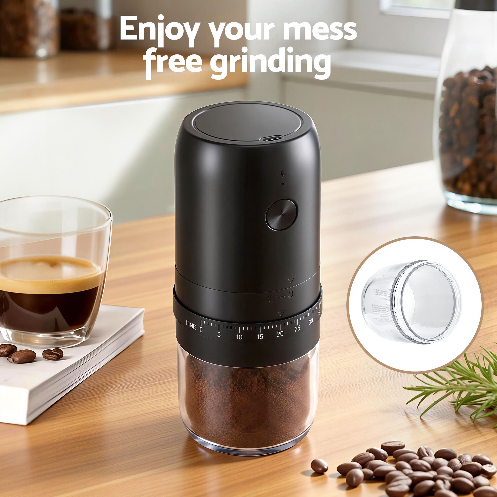 Devanti Electric Coffee Grinder USB-C Rechargeable Portable Coffee Bean Grinder