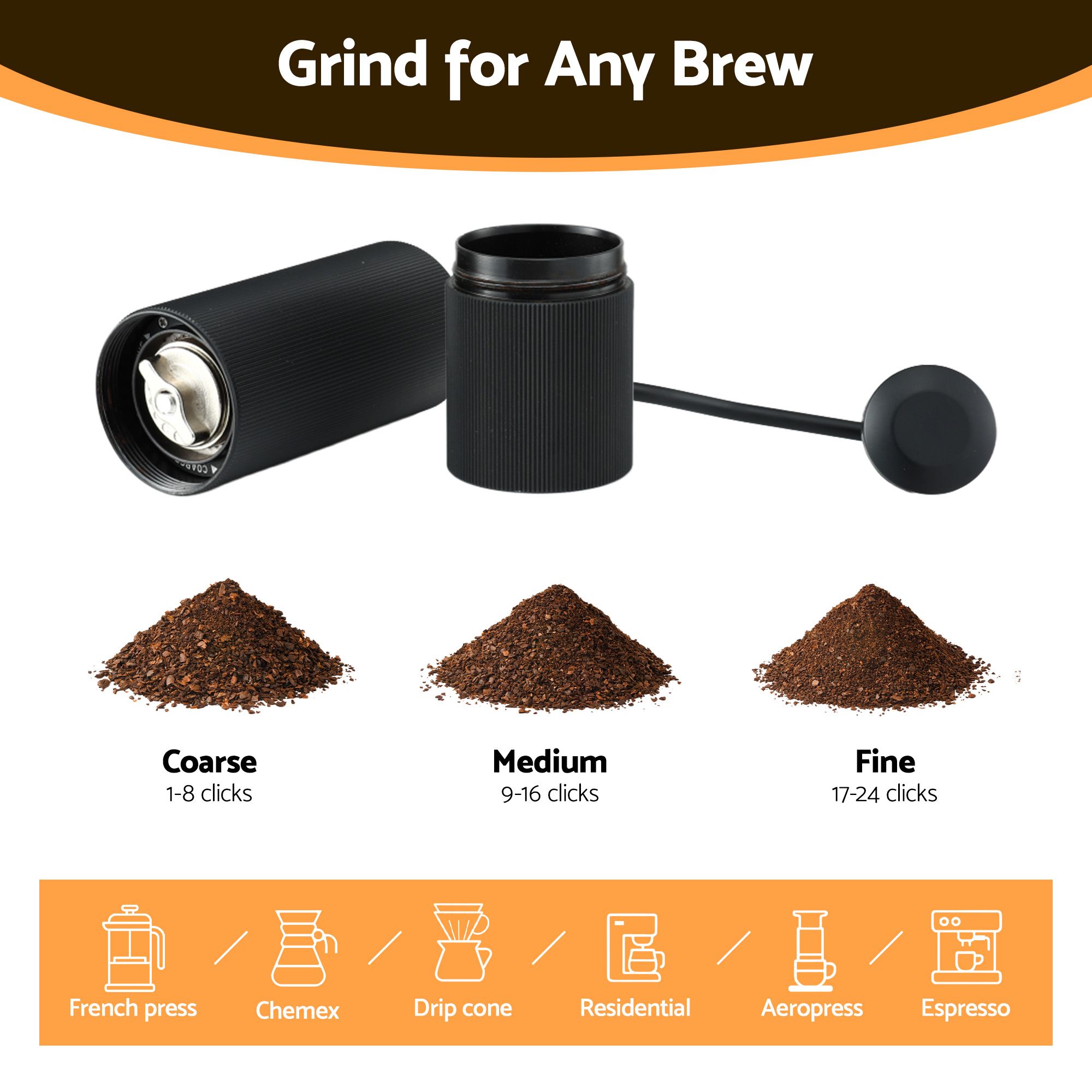 Devanti Manual Coffee Grinder w/ 24 Adjustable Settings | Hand Coffee Bean Burr