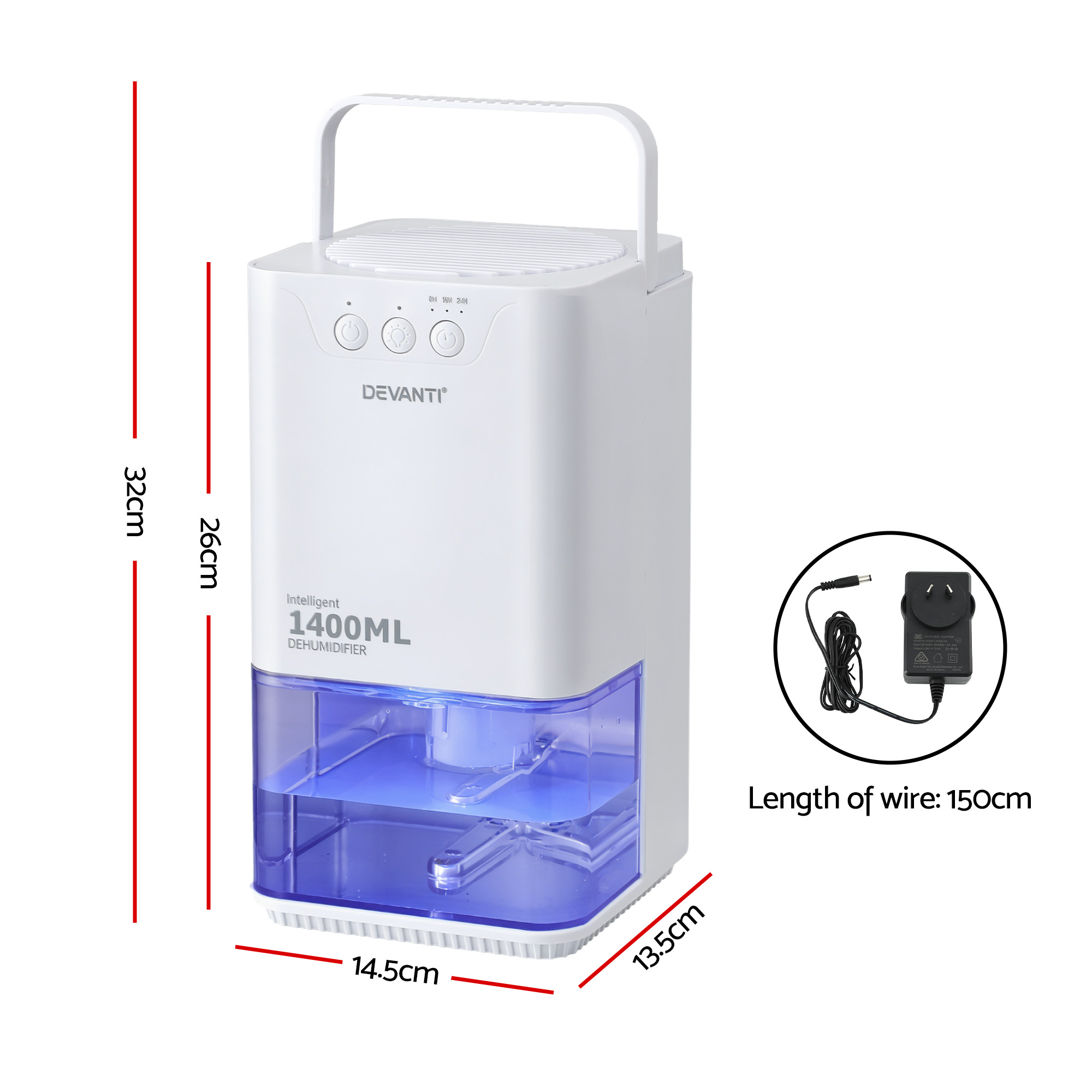 Devanti 1400ML Portable Dehumidifier Quiet Sleep Mode Timer Auto Off Bedroom