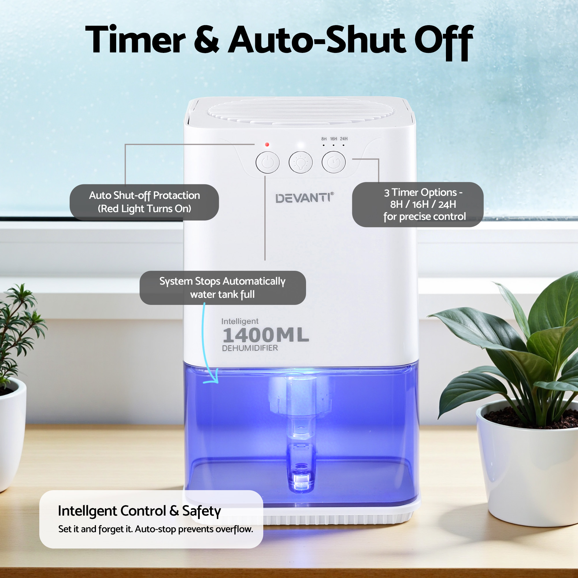 Devanti 1400ML Portable Dehumidifier Quiet Sleep Mode Timer Auto Off Bedroom