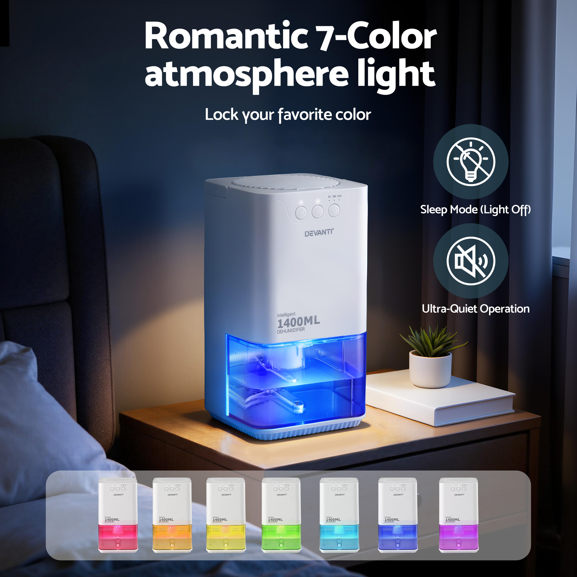 Devanti 1400ML Portable Dehumidifier Quiet Sleep Mode Timer Auto Off Bedroom