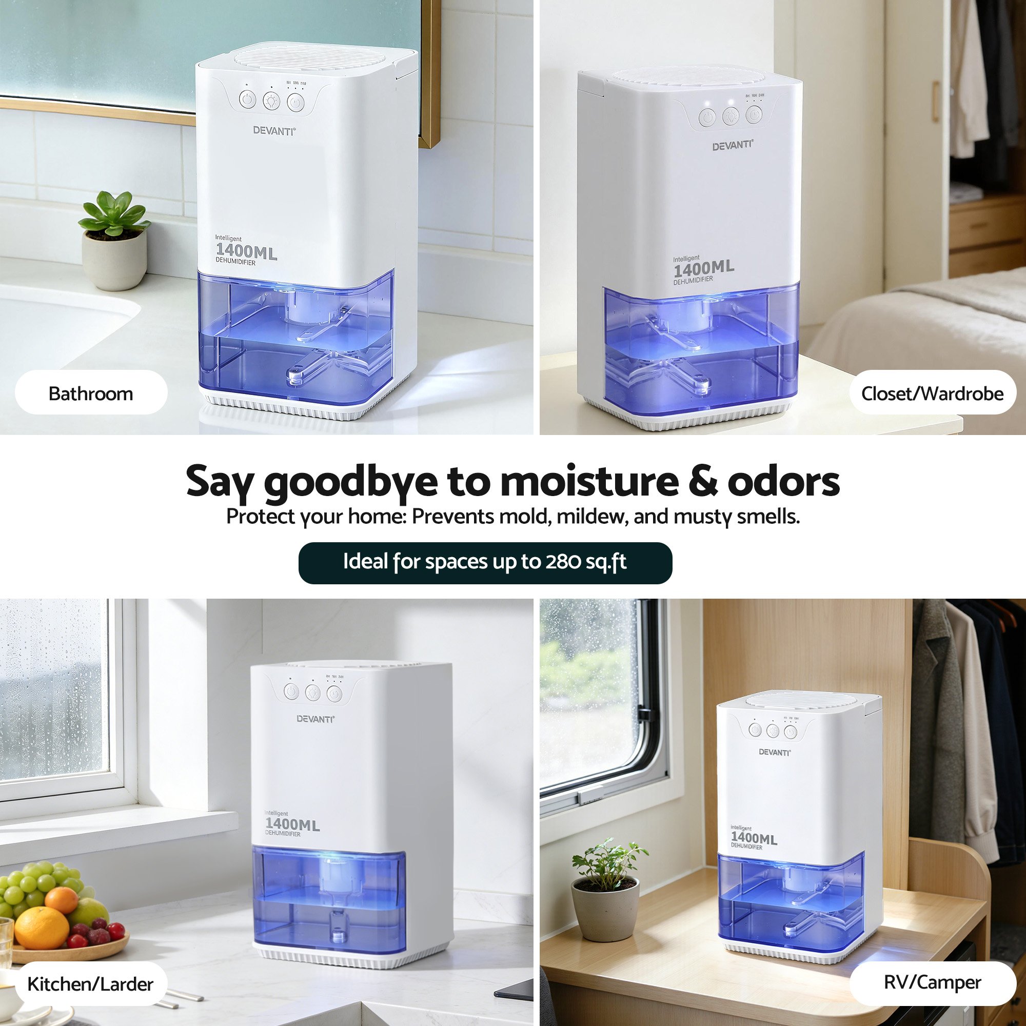 Devanti 1400ML Portable Dehumidifier Quiet Sleep Mode Timer Auto Off Bedroom