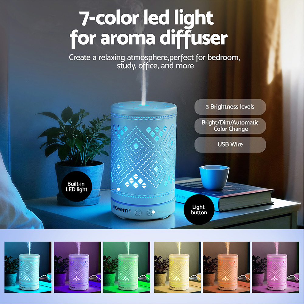 Devanti Ultrasonic Aroma Diffuser Aromatherapy 100ml LED Lights Iron Humidifier