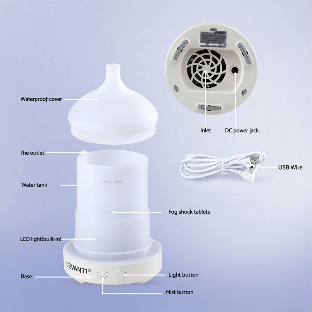 Devanti Ultrasonic Aroma Diffuser Aromatherapy 100ml LED Lights Iron Humidifier