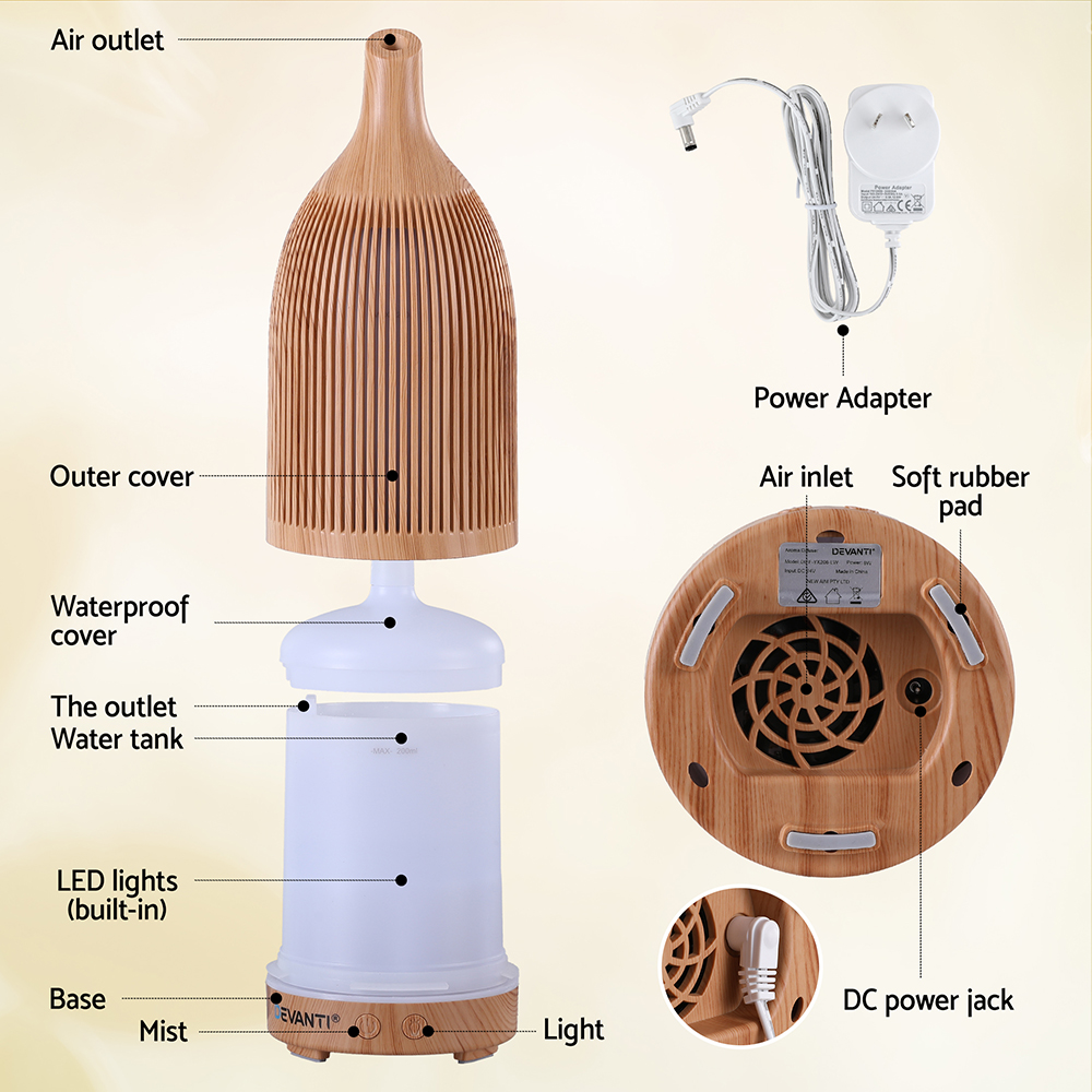 Devanti Ultrasonic Aroma Diffuser Aromatherapy 200ml LED Lights Iron Humidifier