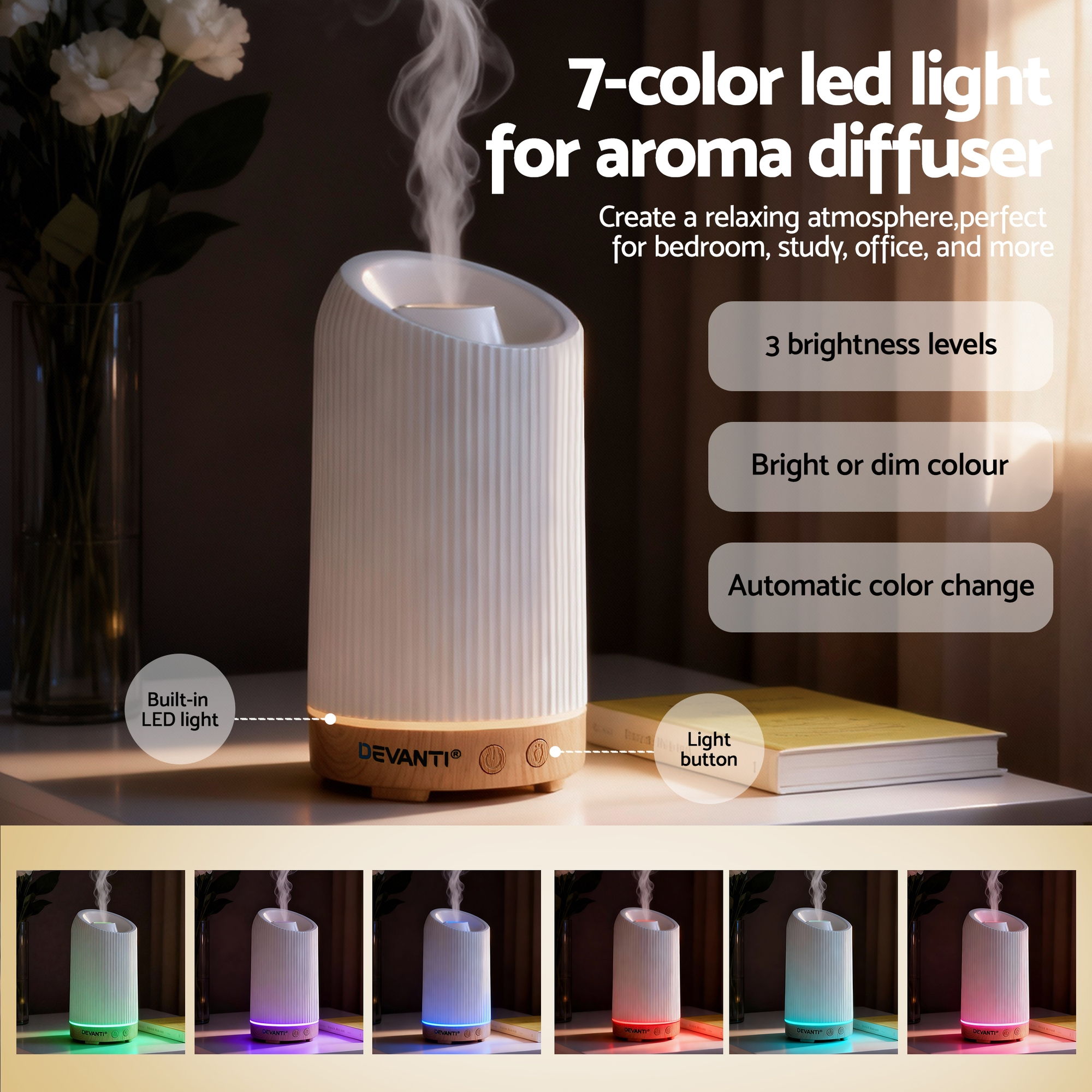 Devanti Ultrasonic Aroma Diffuser Aromatherapy 200ml LED Lights Iron Humidifier