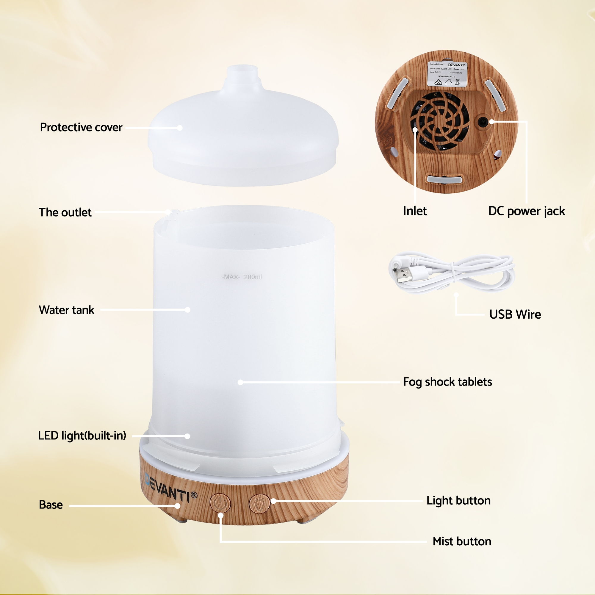 Devanti Ultrasonic Aroma Diffuser Aromatherapy 200ml LED Lights Iron Humidifier