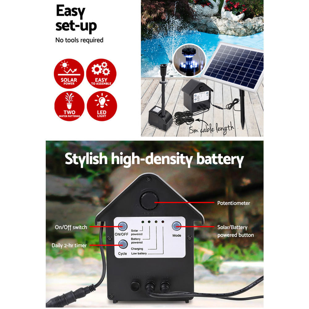 Gardeon Solar Pond Pump Submersible Water Fountain w/ Battery Kit LED Lights