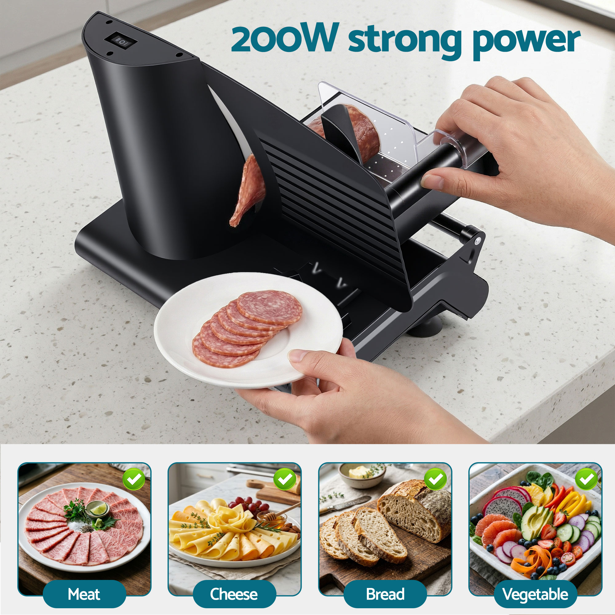 Devanti Meat Slicer Bread Vegetable, 200W Power 0-15mm Adjustable Easy Clean