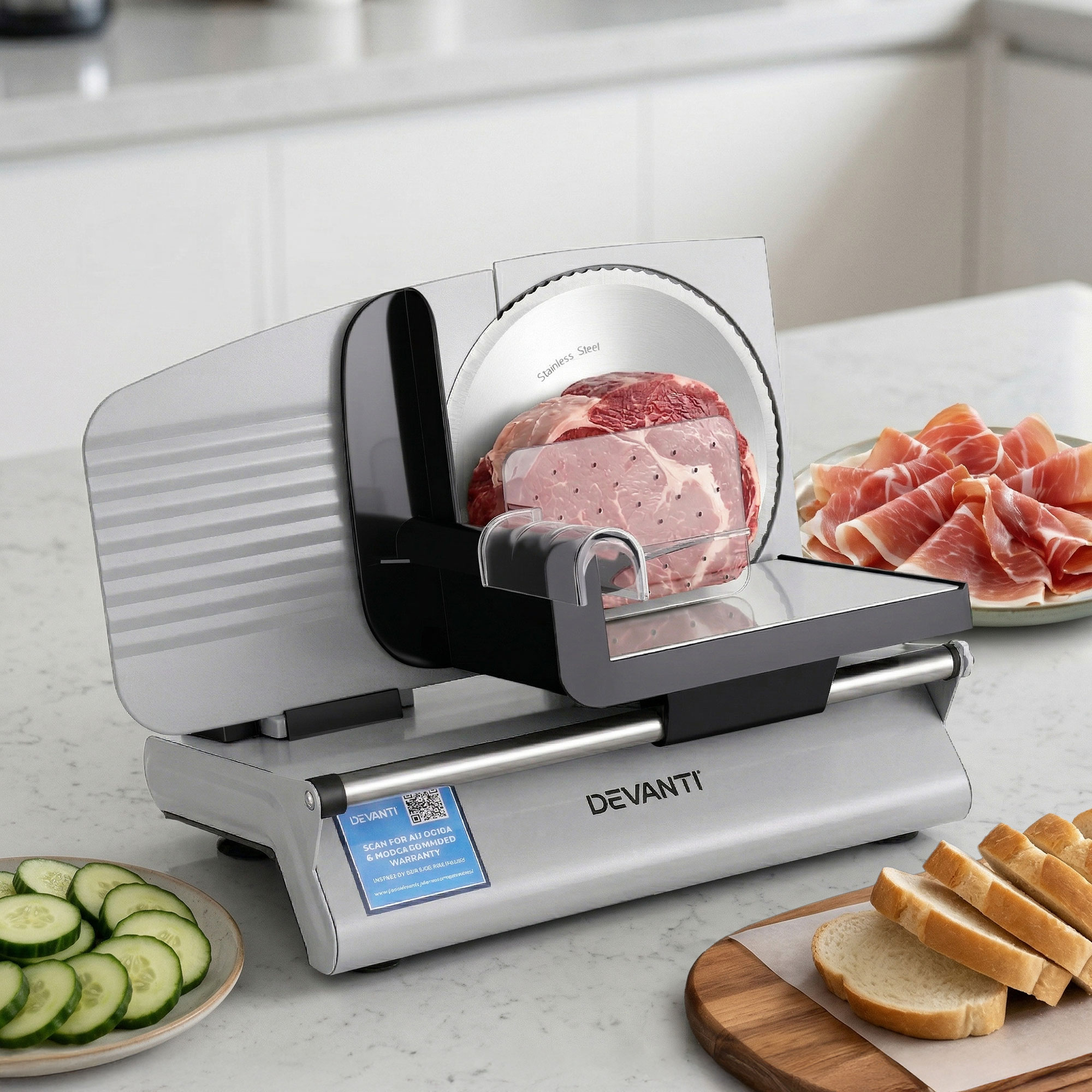 Devanti Meat Slicer Bread Vegetable, 200W Power 0-15mm Adjustable Easy Clean