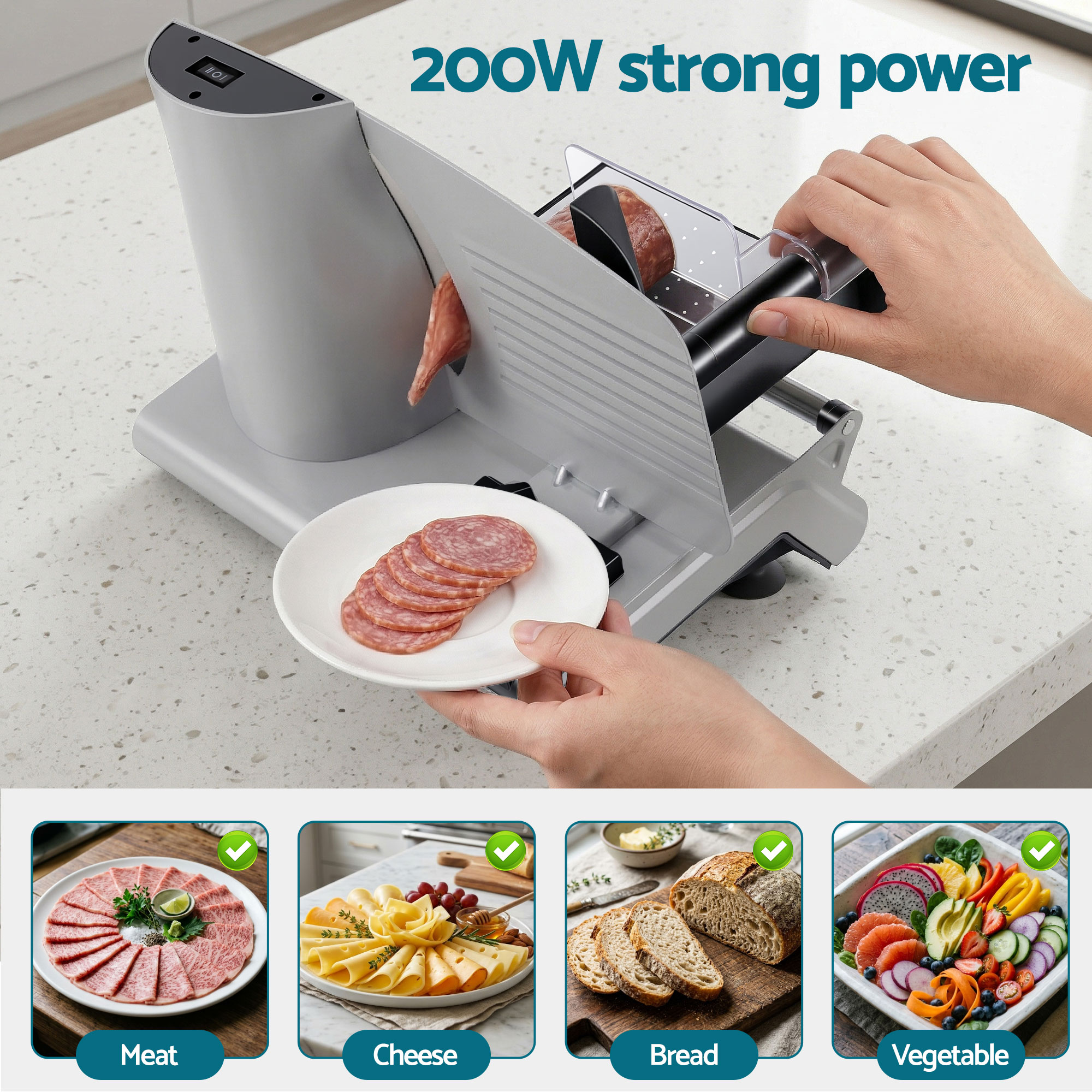 Devanti Meat Slicer Bread Vegetable, 200W Power 0-15mm Adjustable Easy Clean