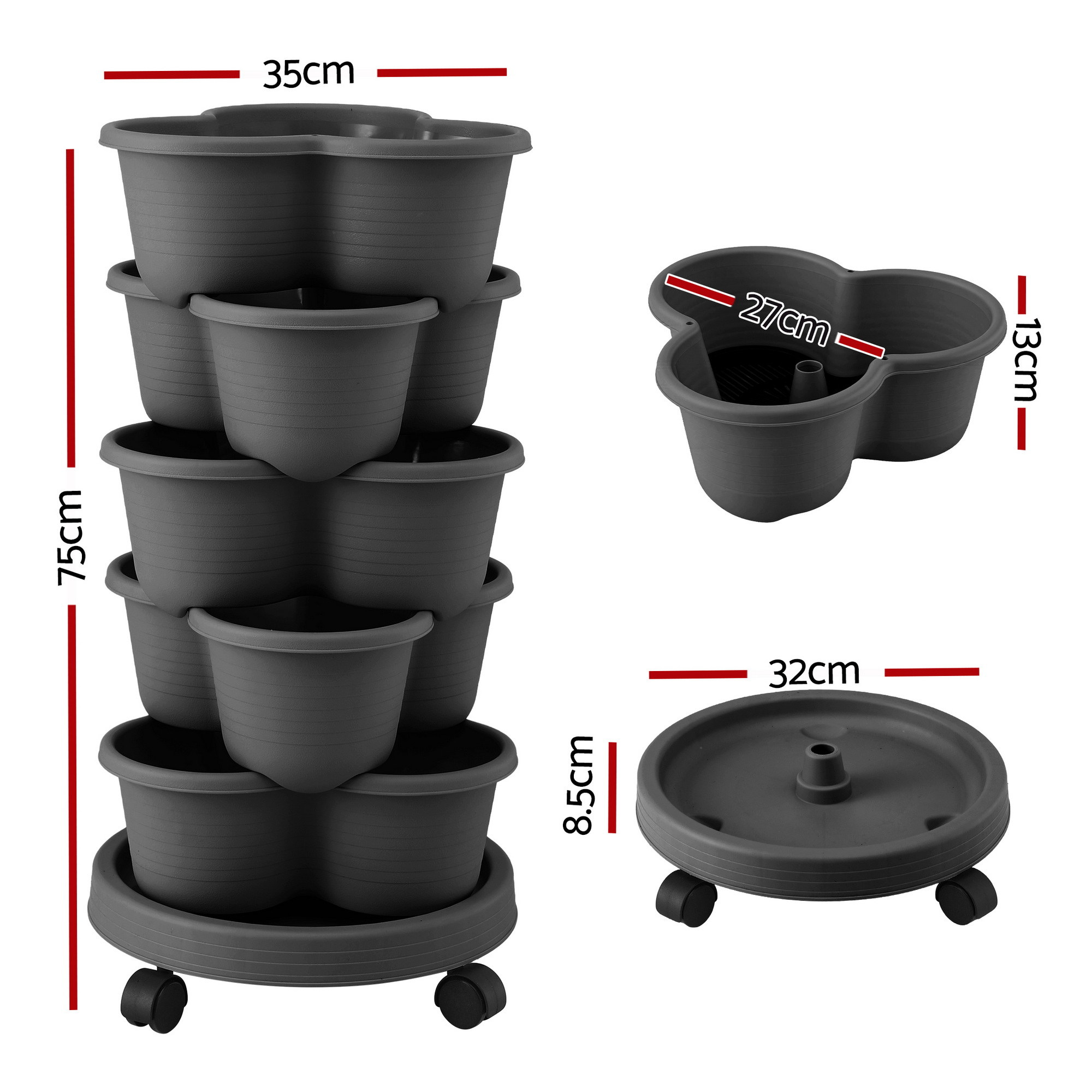 Green Fingers 5 Tier Vertical Garden Planter, Stackable Planters w/ 4 Wheels