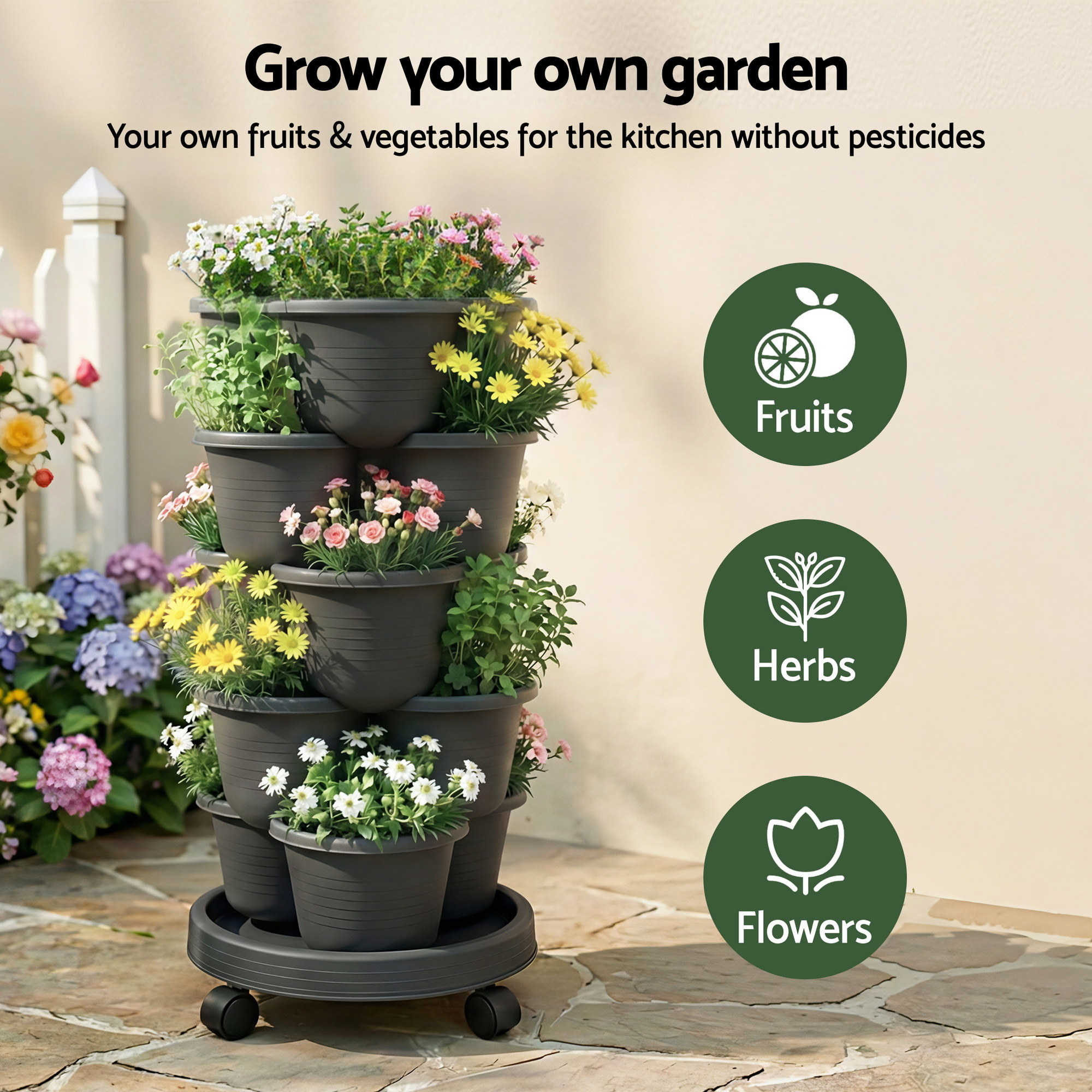 Green Fingers 5 Tier Vertical Garden Planter, Stackable Planters w/ 4 Wheels