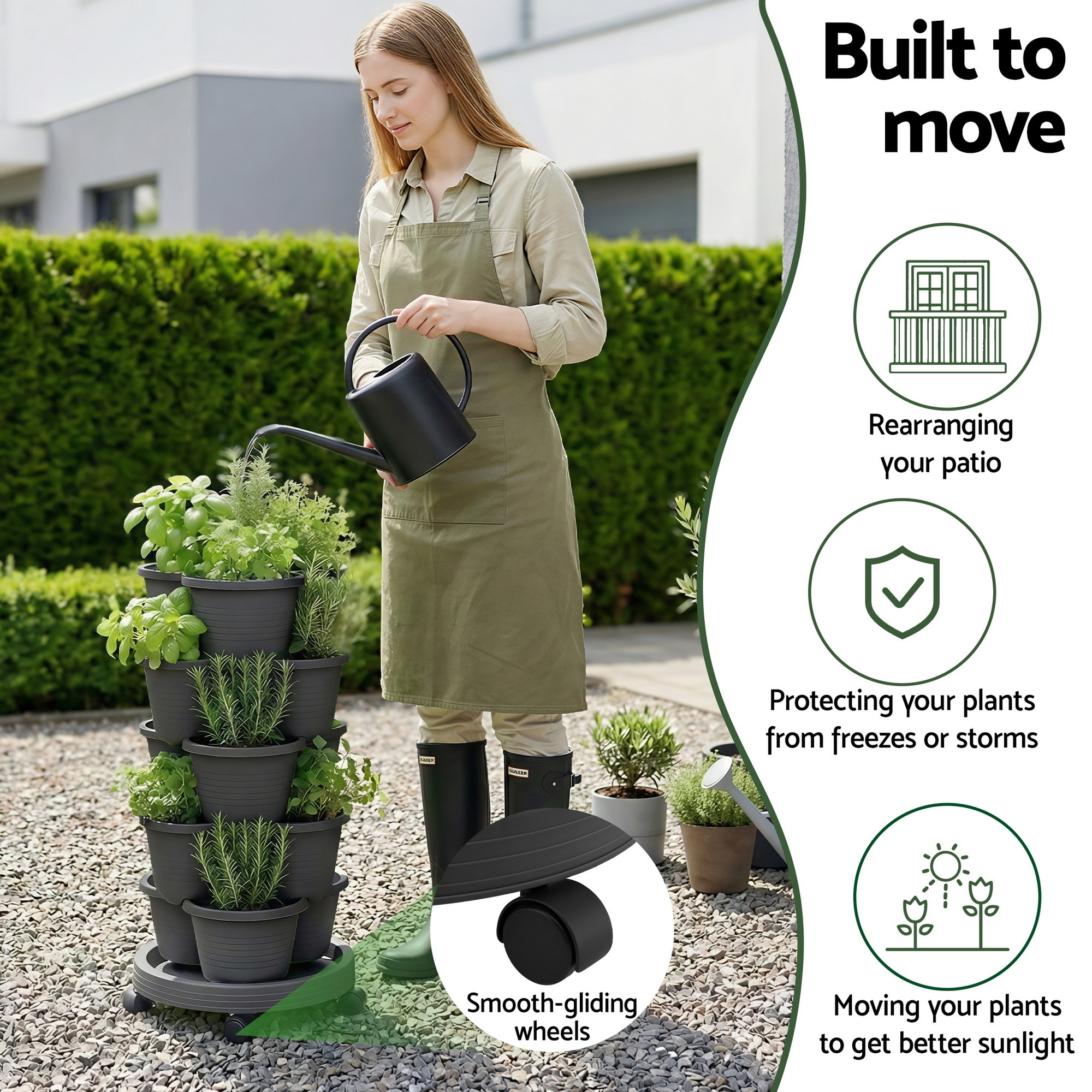 Green Fingers 5 Tier Vertical Garden Planter, Stackable Planters w/ 4 Wheels