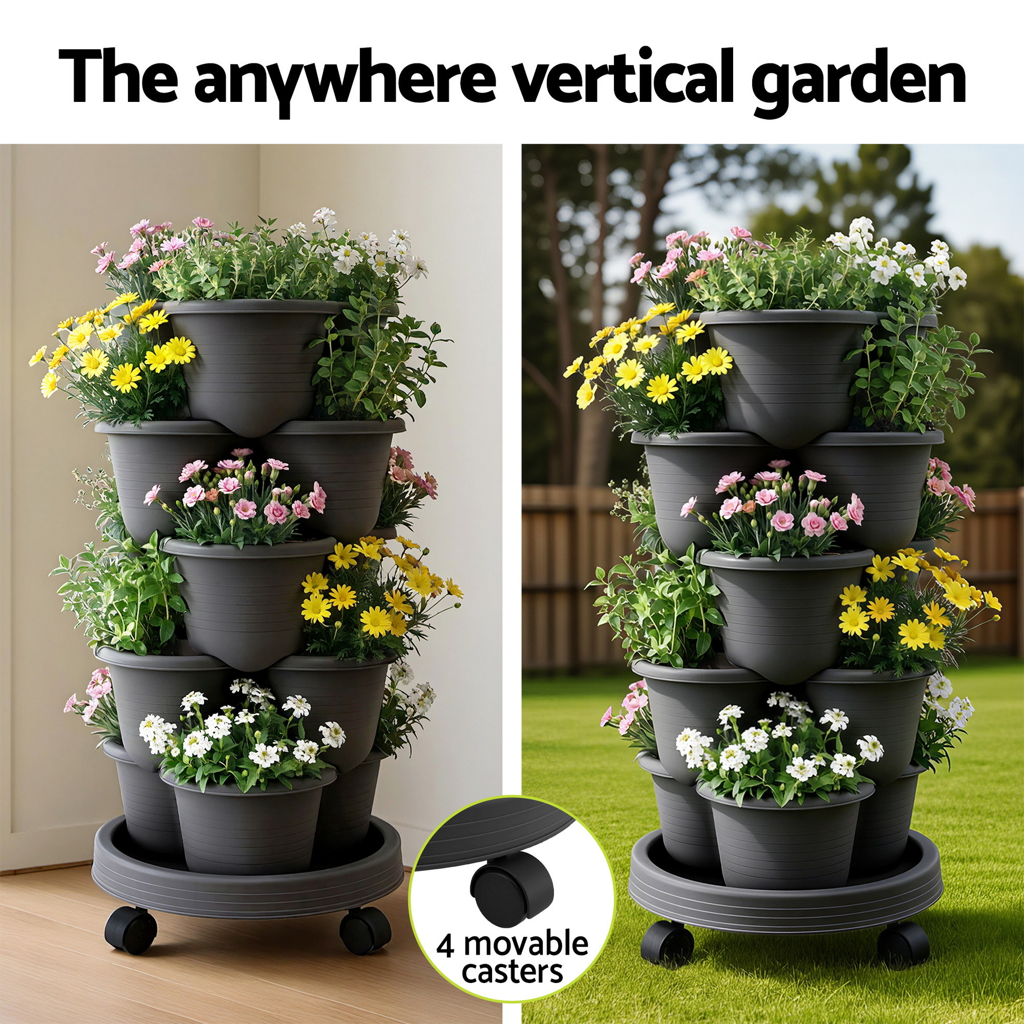 Green Fingers 5 Tier Vertical Garden Planter, Stackable Planters w/ 4 Wheels