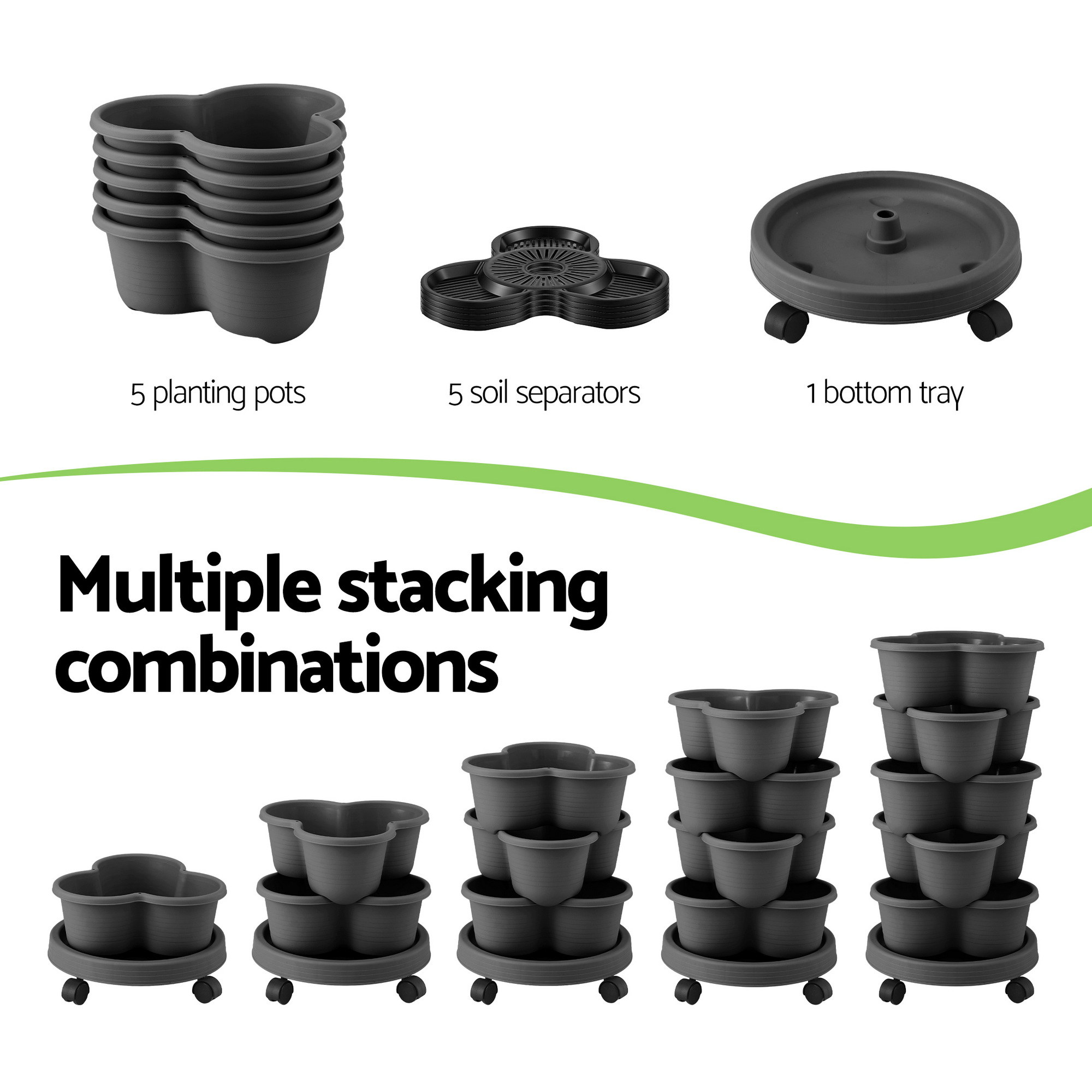 Green Fingers 5 Tier Vertical Garden Planter, Stackable Planters w/ 4 Wheels