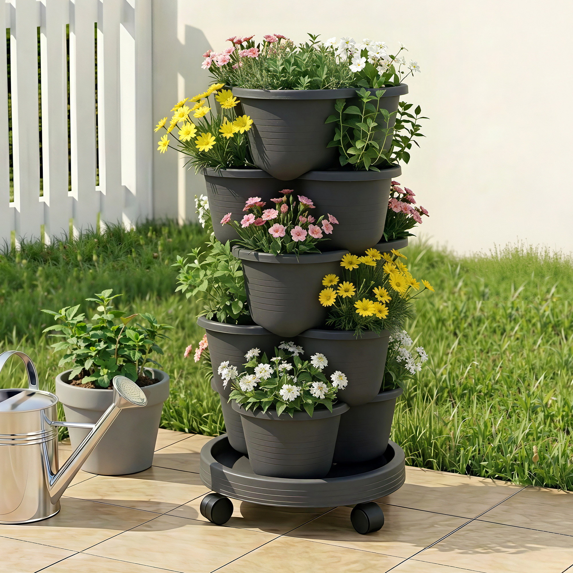 Green Fingers 5 Tier Vertical Garden Planter, Stackable Planters w/ 4 Wheels
