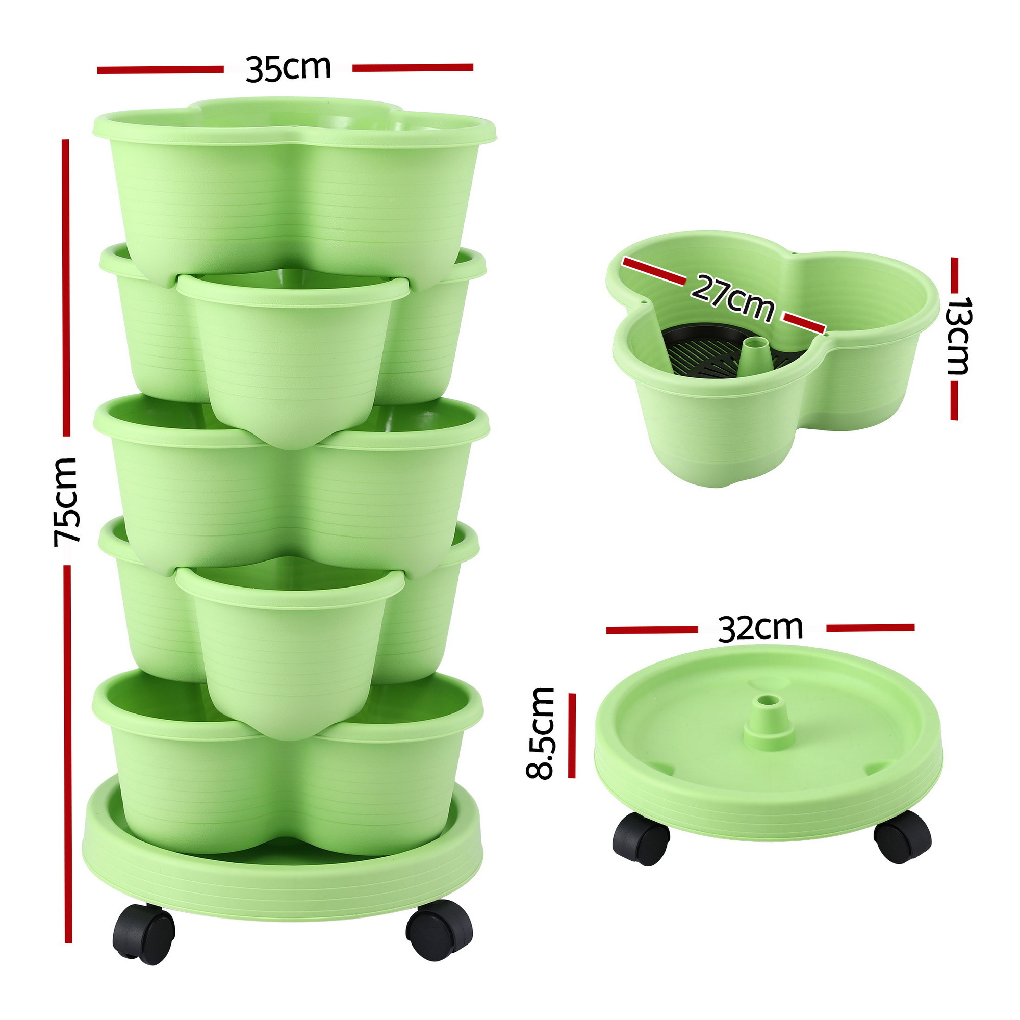 Green Fingers 5 Tier Vertical Garden Planter, Stackable Planters w/ Wheels