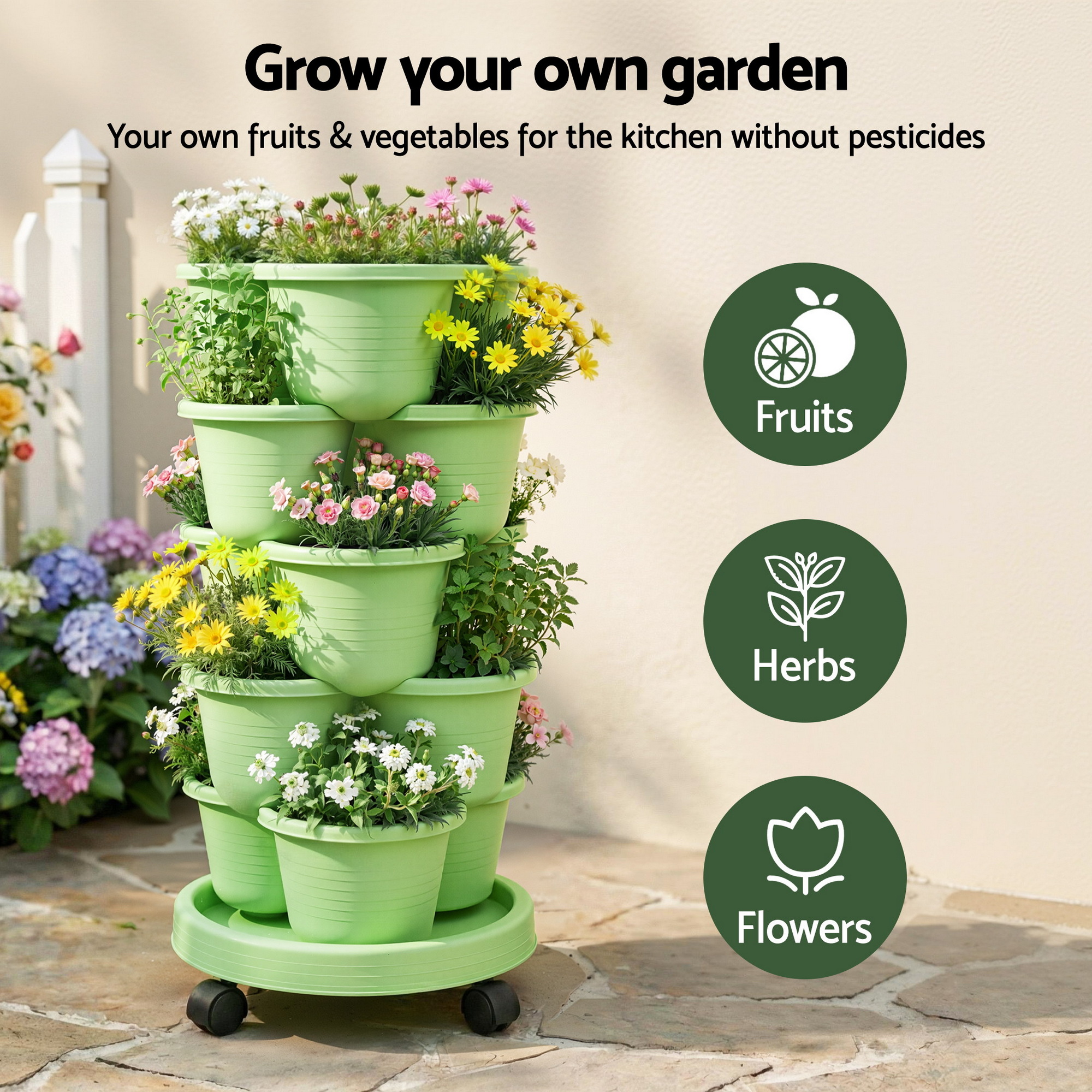 Green Fingers 5 Tier Vertical Garden Planter, Stackable Planters w/ Wheels
