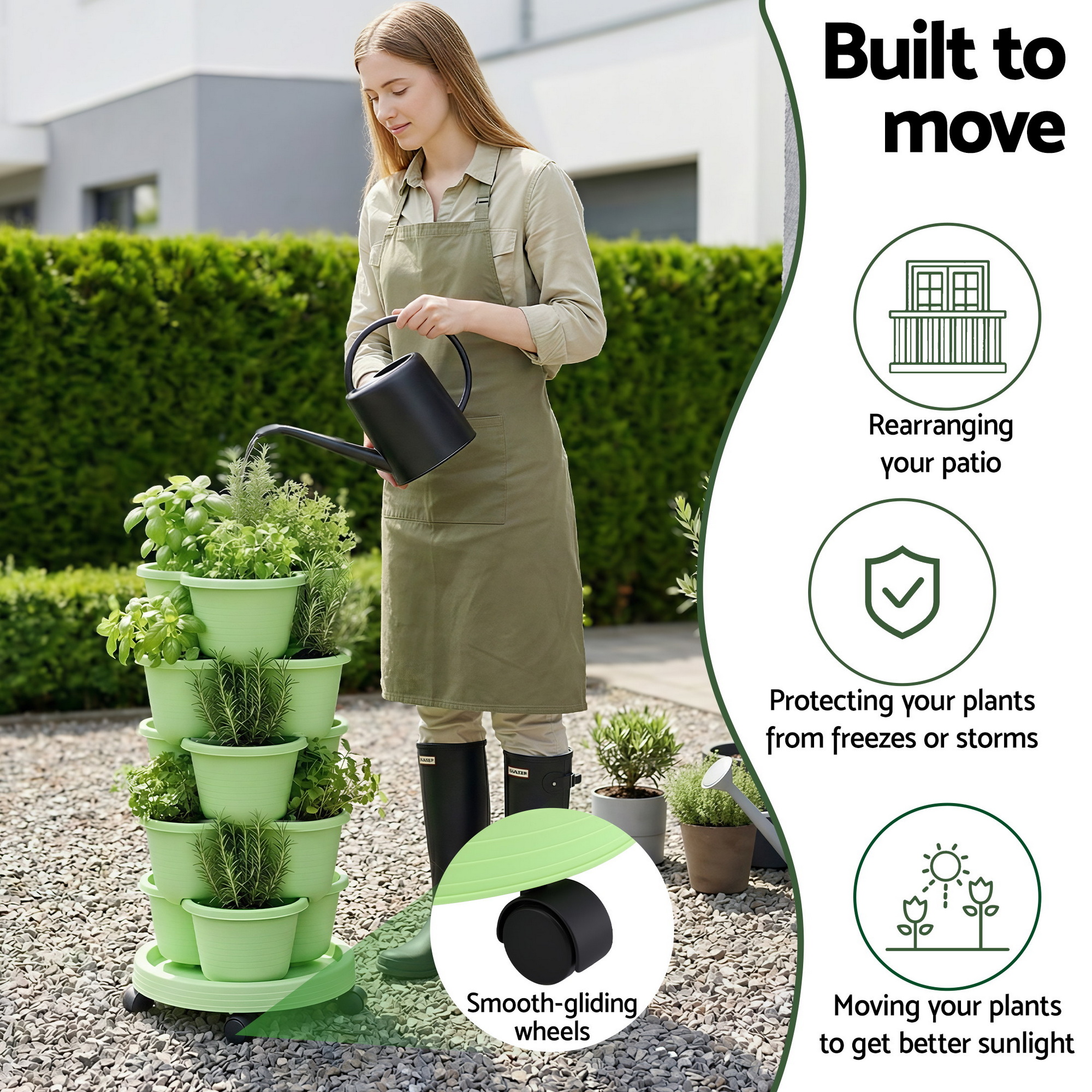 Green Fingers 5 Tier Vertical Garden Planter, Stackable Planters w/ Wheels