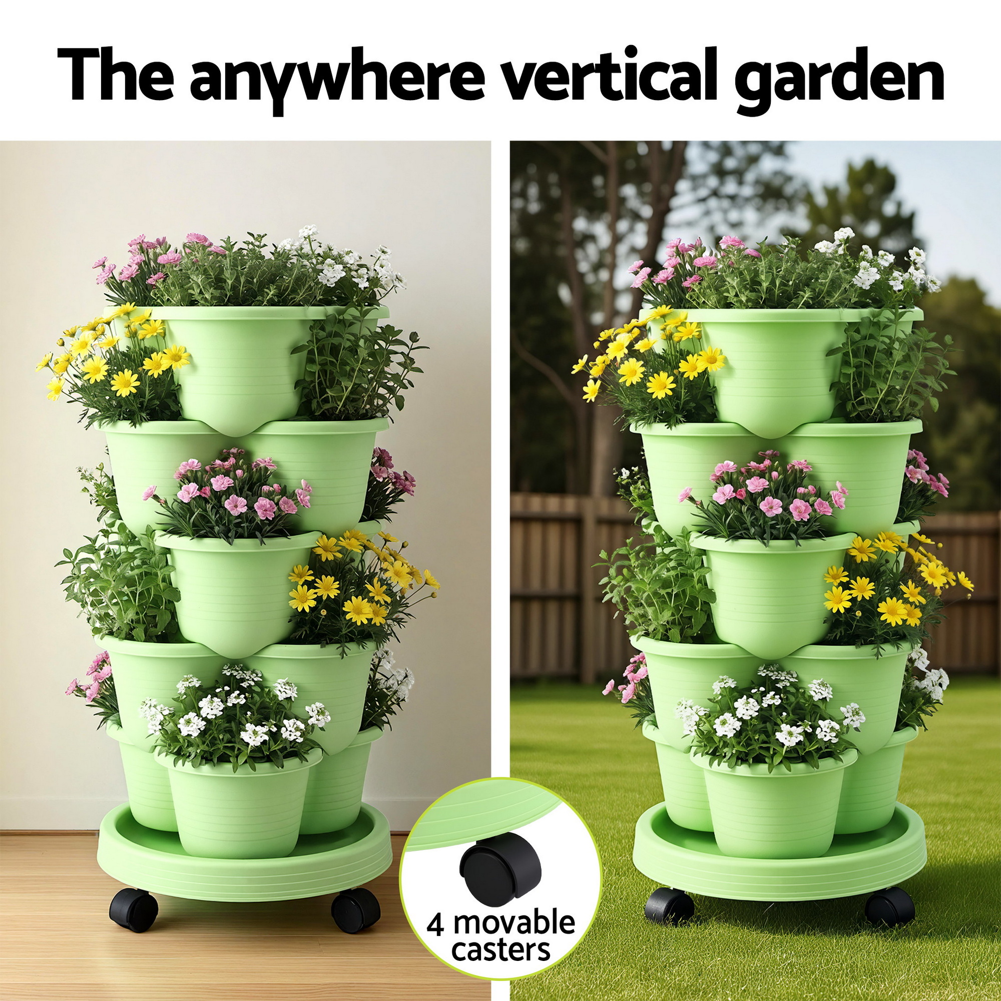 Green Fingers 5 Tier Vertical Garden Planter, Stackable Planters w/ Wheels