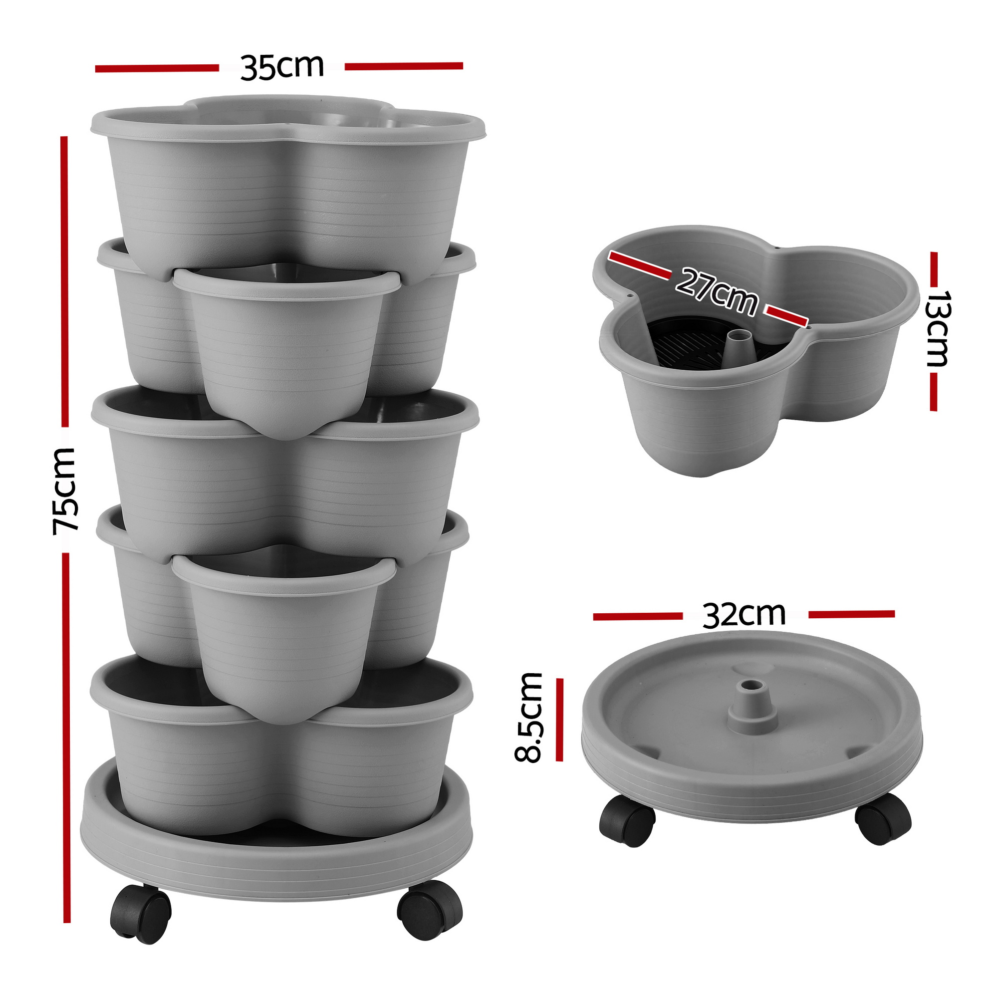 Green Fingers 5 Tier Vertical Garden Planter, Stackable Planters w/ 4 Wheels