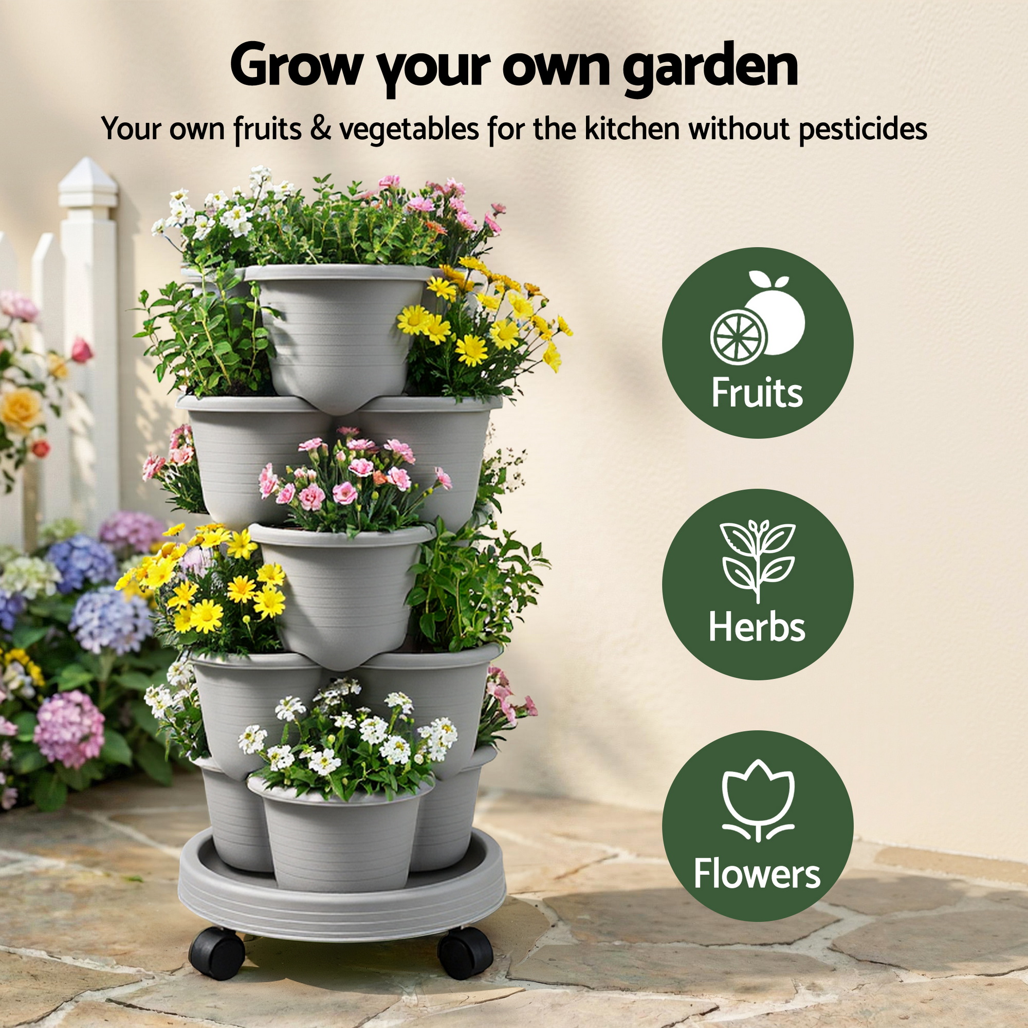 Green Fingers 5 Tier Vertical Garden Planter, Stackable Planters w/ 4 Wheels