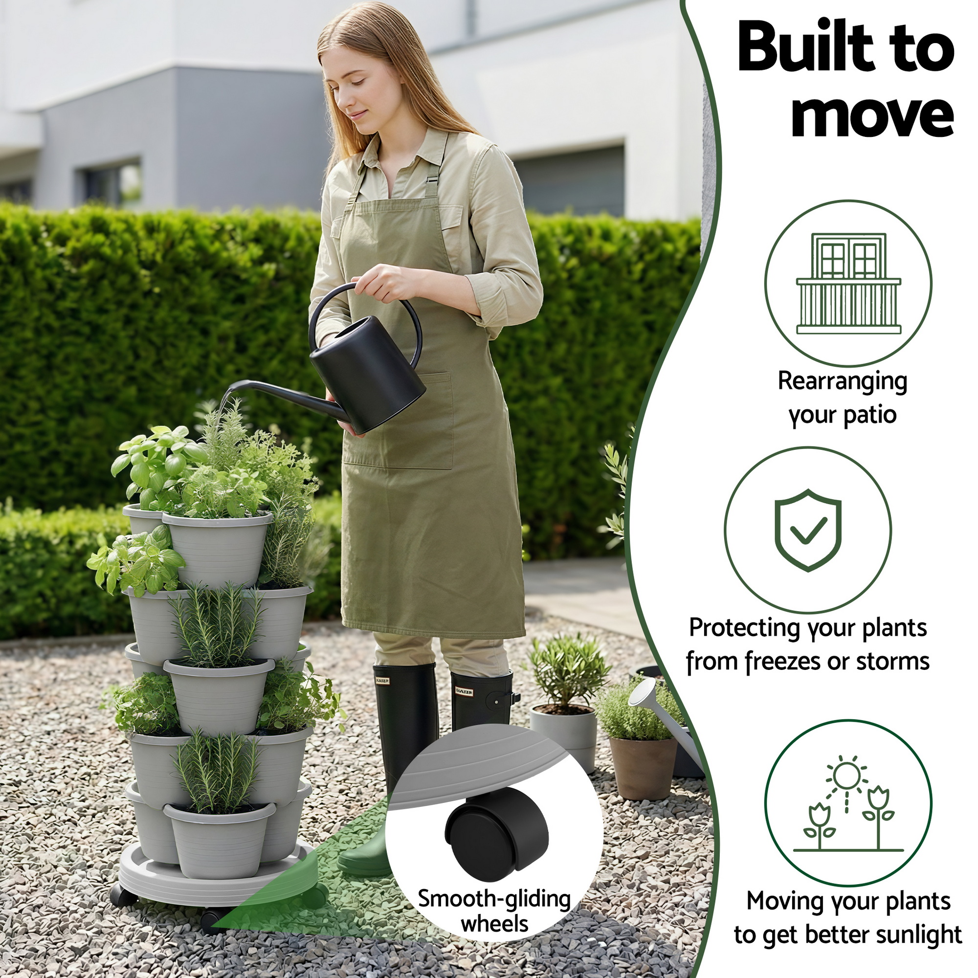 Green Fingers 5 Tier Vertical Garden Planter, Stackable Planters w/ 4 Wheels