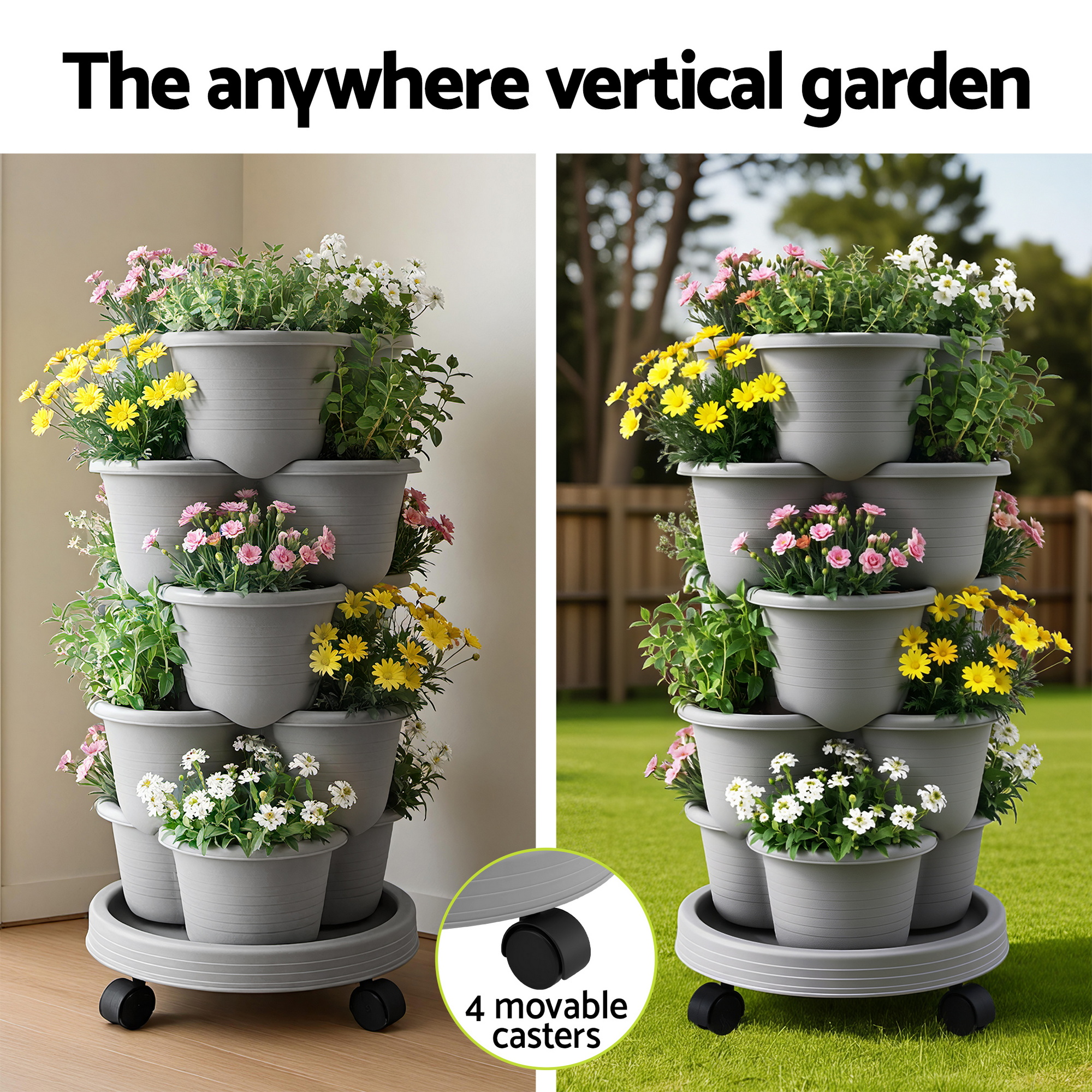 Green Fingers 5 Tier Vertical Garden Planter, Stackable Planters w/ 4 Wheels
