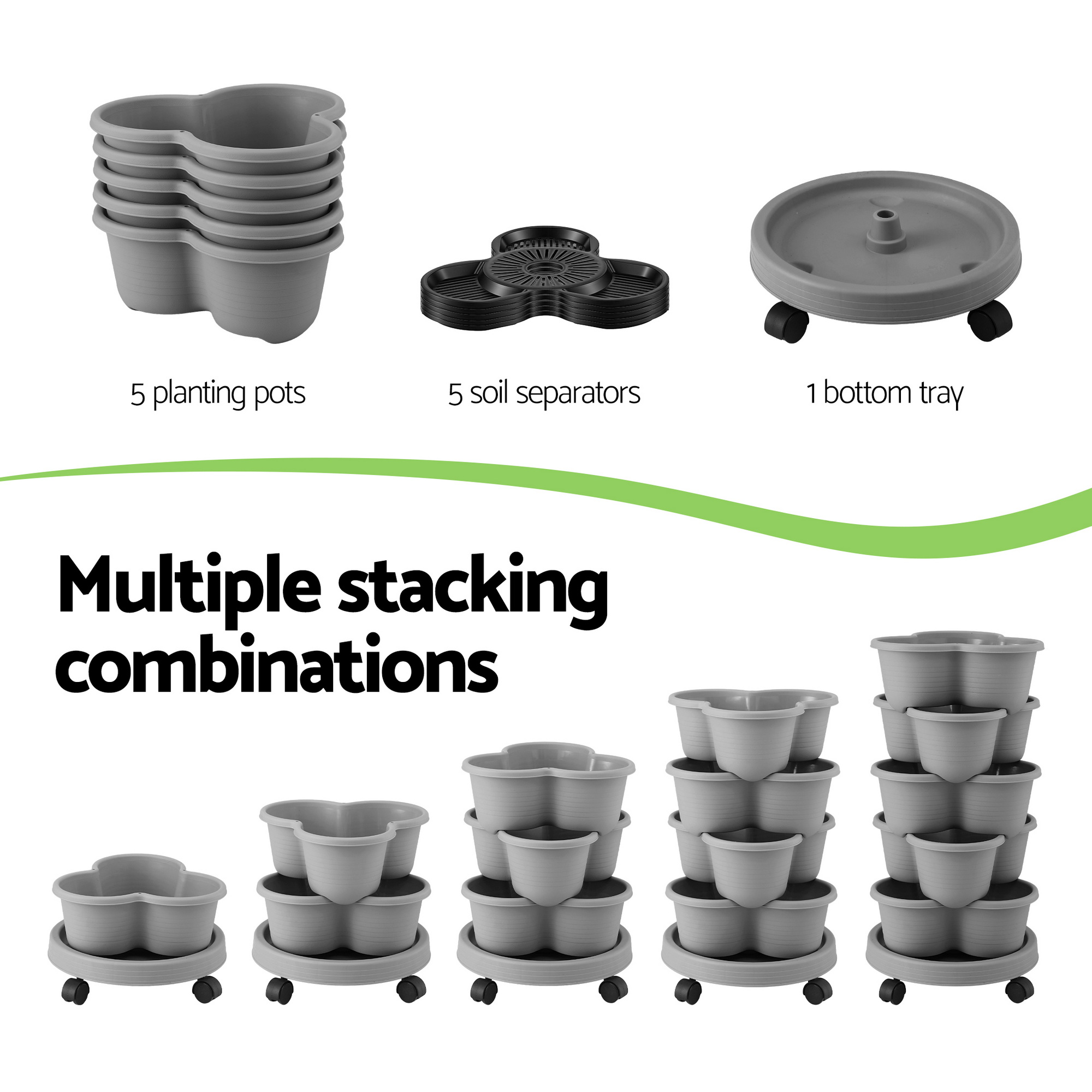 Green Fingers 5 Tier Vertical Garden Planter, Stackable Planters w/ 4 Wheels