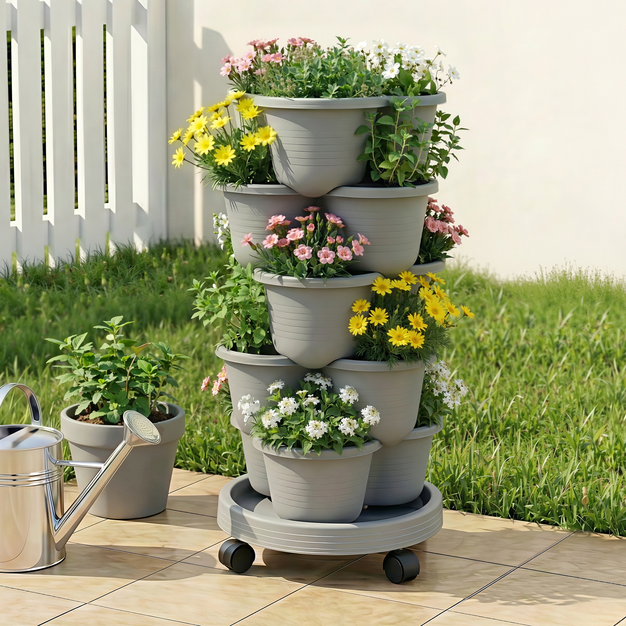 Green Fingers 5 Tier Vertical Garden Planter, Stackable Planters w/ 4 Wheels