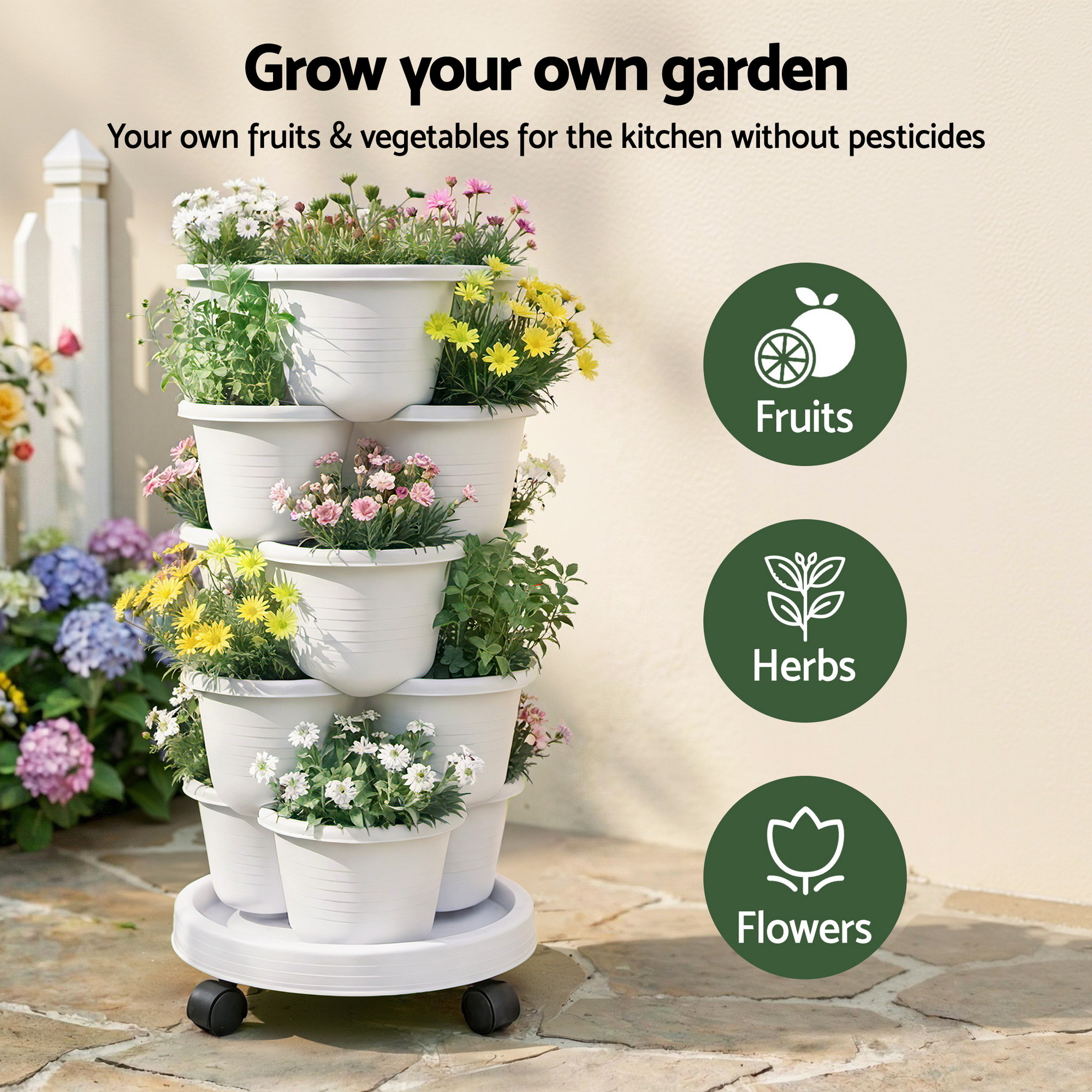 Green Fingers 5 Tier Vertical Garden Planter, Stackable Planters w/ Wheels