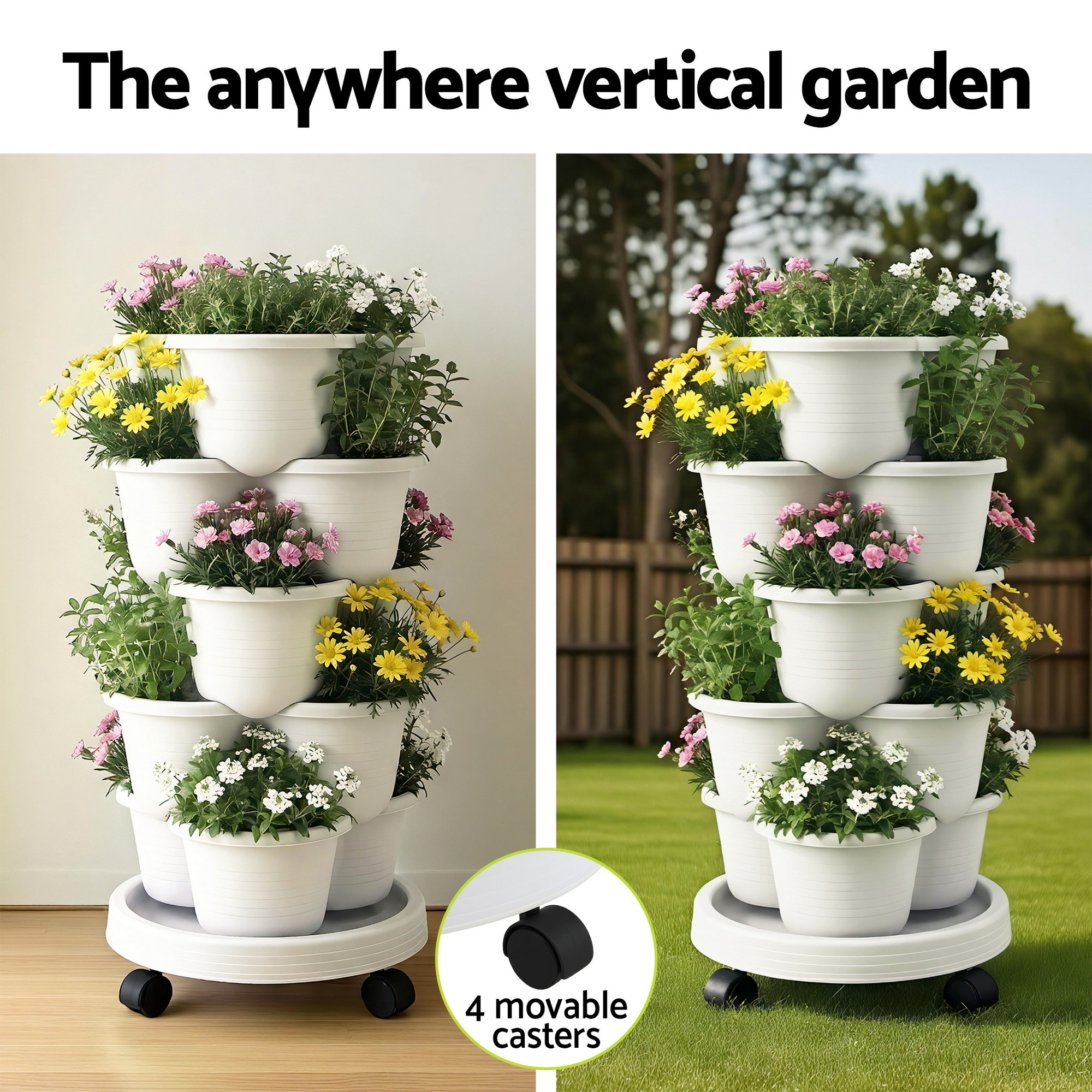 Green Fingers 5 Tier Vertical Garden Planter, Stackable Planters w/ Wheels