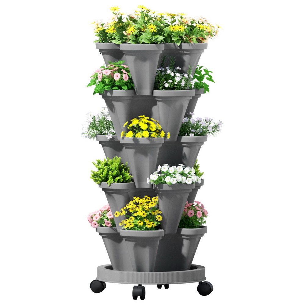 Green Fingers Raised Garden Bed 5 Tier Vertical Garden Grey Strawberry Stackable
