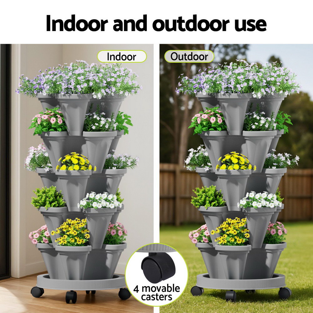 Green Fingers Raised Garden Bed 5 Tier Vertical Garden Grey Strawberry Stackable