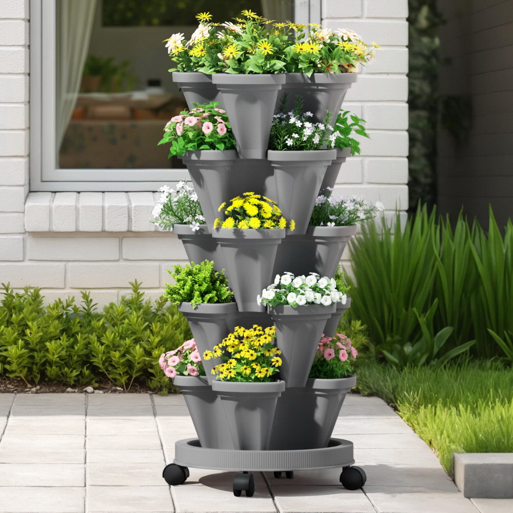 Green Fingers Raised Garden Bed 5 Tier Vertical Garden Grey Strawberry Stackable