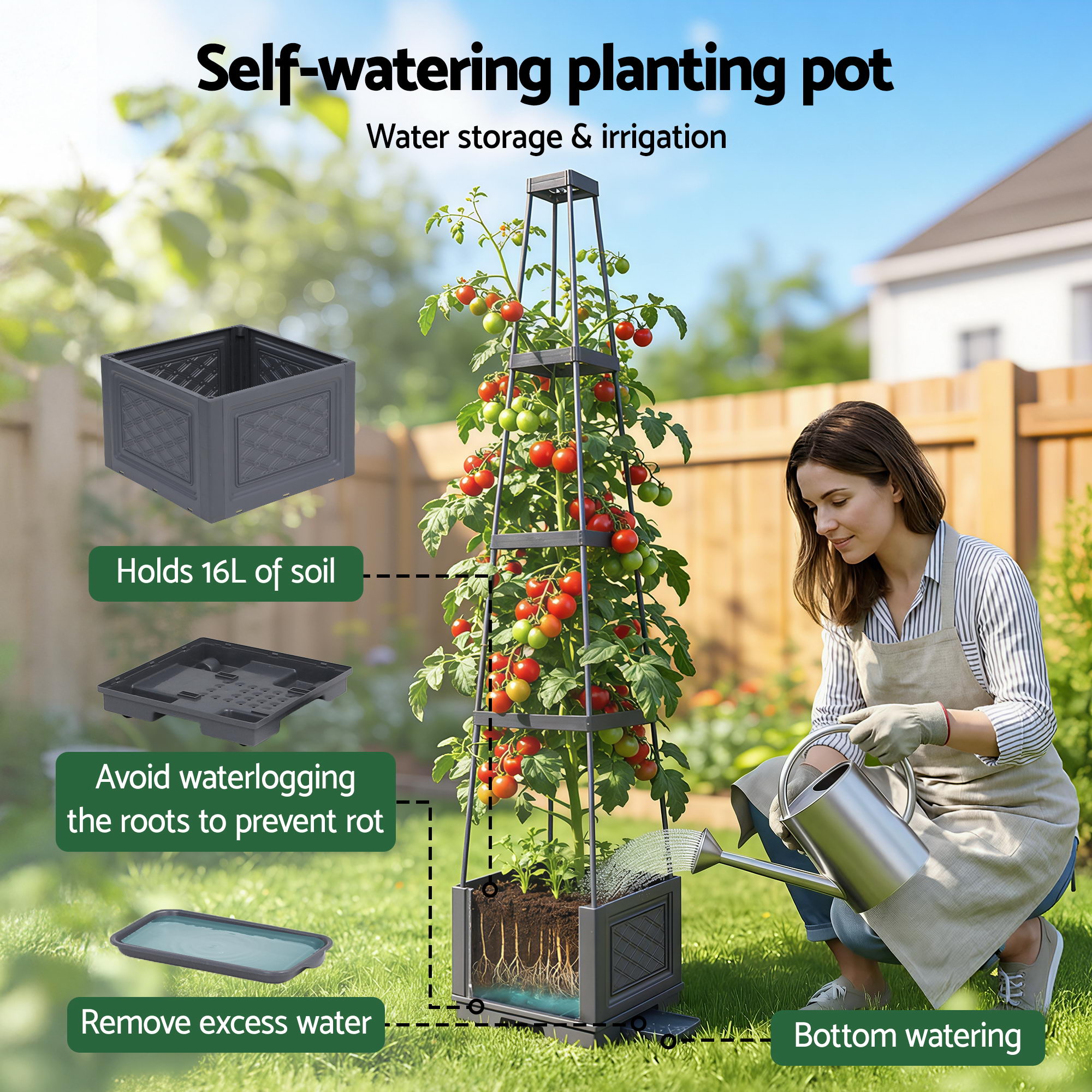 Green Fingers Self Watering Planter w/ Trellis Adjustable Height Modular Tomato