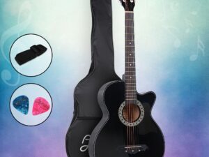Alpha 38 Inch Acoustic Guitar Wooden Body Steel String Full Size Cutaway Black
